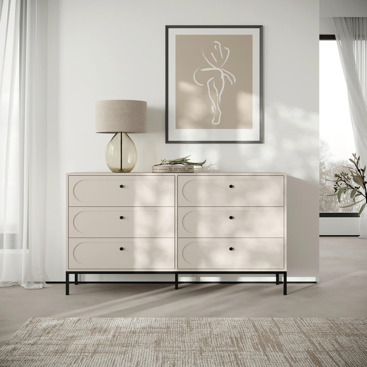KOMMODE , 150/92/40 cm, 6 Schublade(n)  - Kaschmir/Schwarz, Design, Holzwerkstoff/Metall (150/92/40cm) - MID.YOU