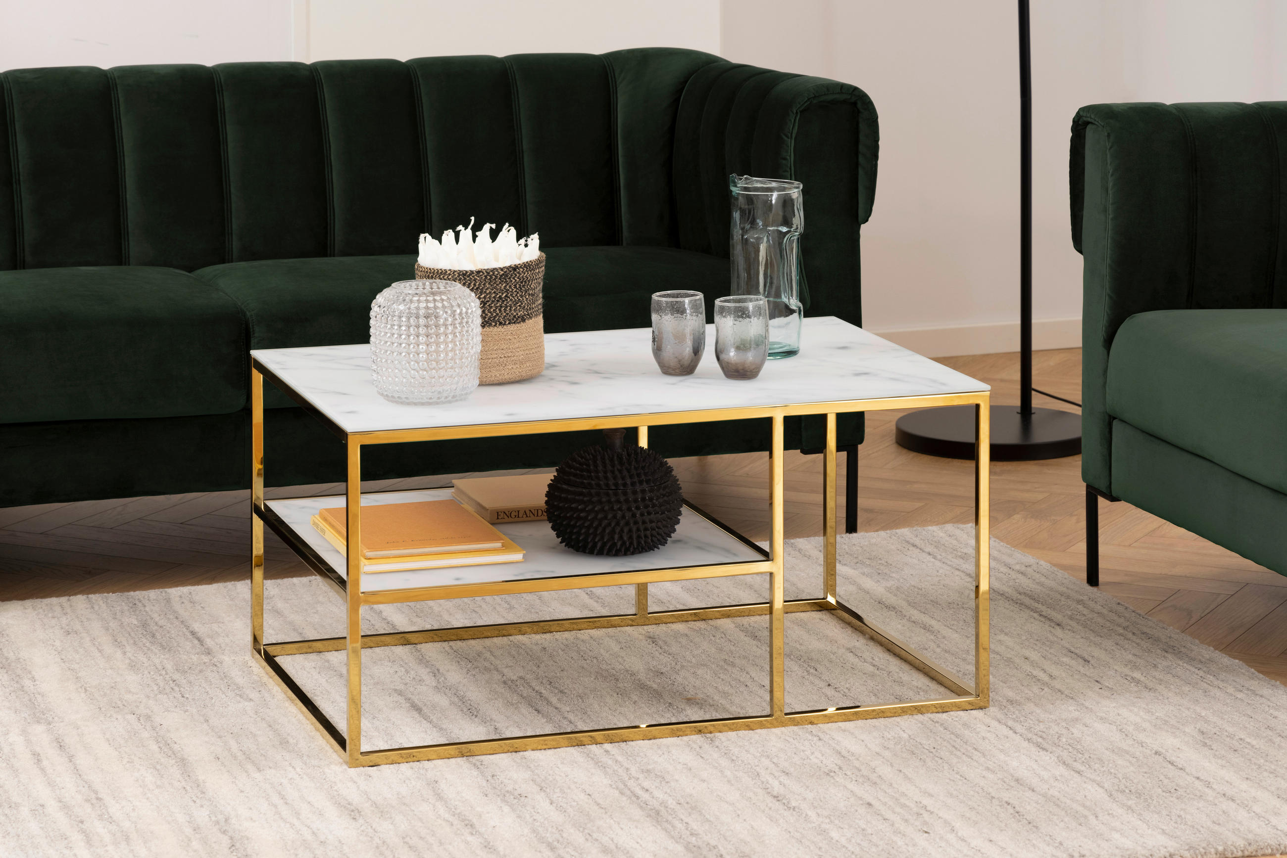 COUCHTISCH in Metall, Glas 90/60/45 cm  - Goldfarben/Weiß, Trend, Glas/Metall (90/60/45cm) - MID.YOU
