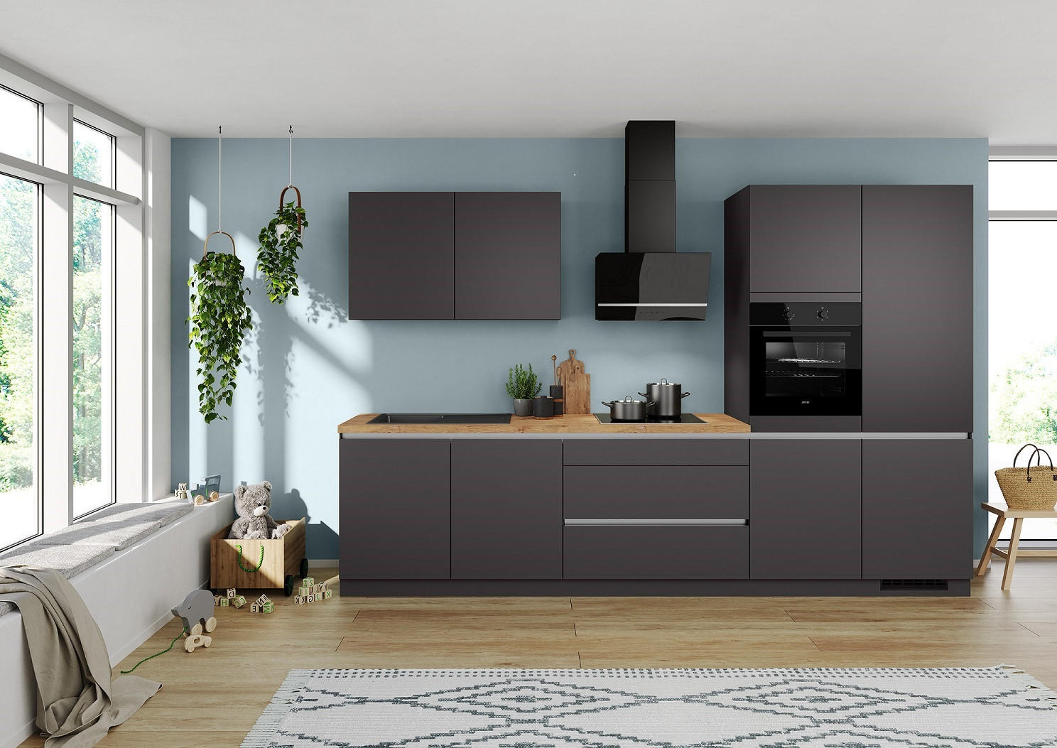 KÜCHENBLOCK 340 cm   in Graphitfarben  - Edelstahlfarben/Eichefarben, Trend, Holzwerkstoff/Metall (340cm) - Impuls