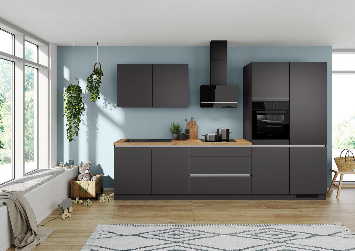KÜCHENBLOCK 340 cm   in Graphitfarben  - Edelstahlfarben/Eichefarben, Trend, Holzwerkstoff/Metall (340cm) - Impuls