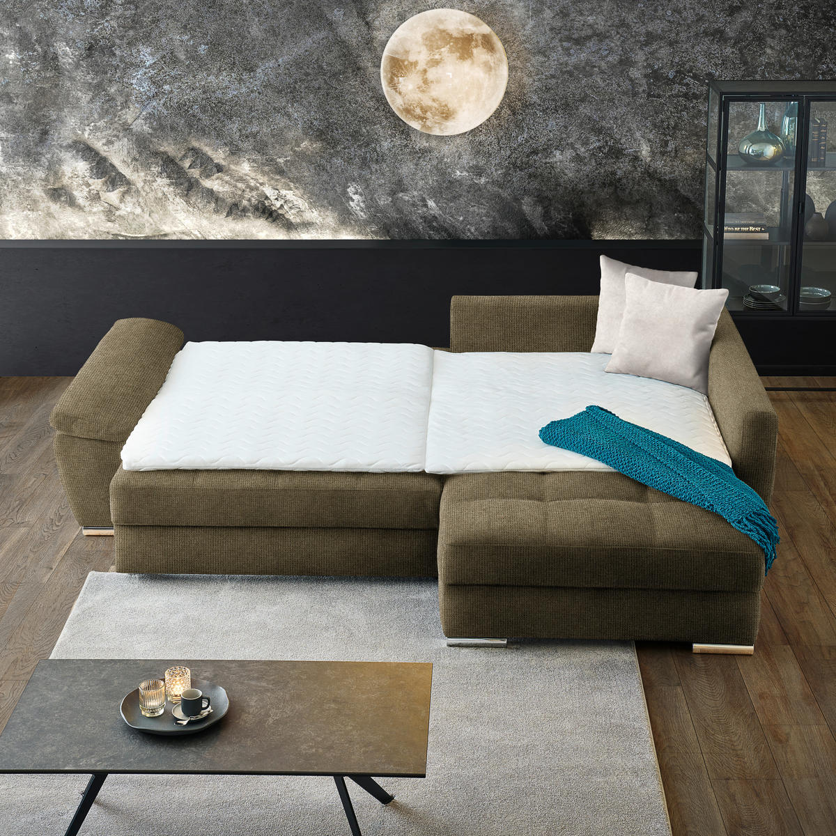 ECKSOFA in Webstoff Olivgrün  276/212 cm  - Chromfarben/Hellgrau, Design, Kunststoff/Textil (276/212cm) - Carryhome