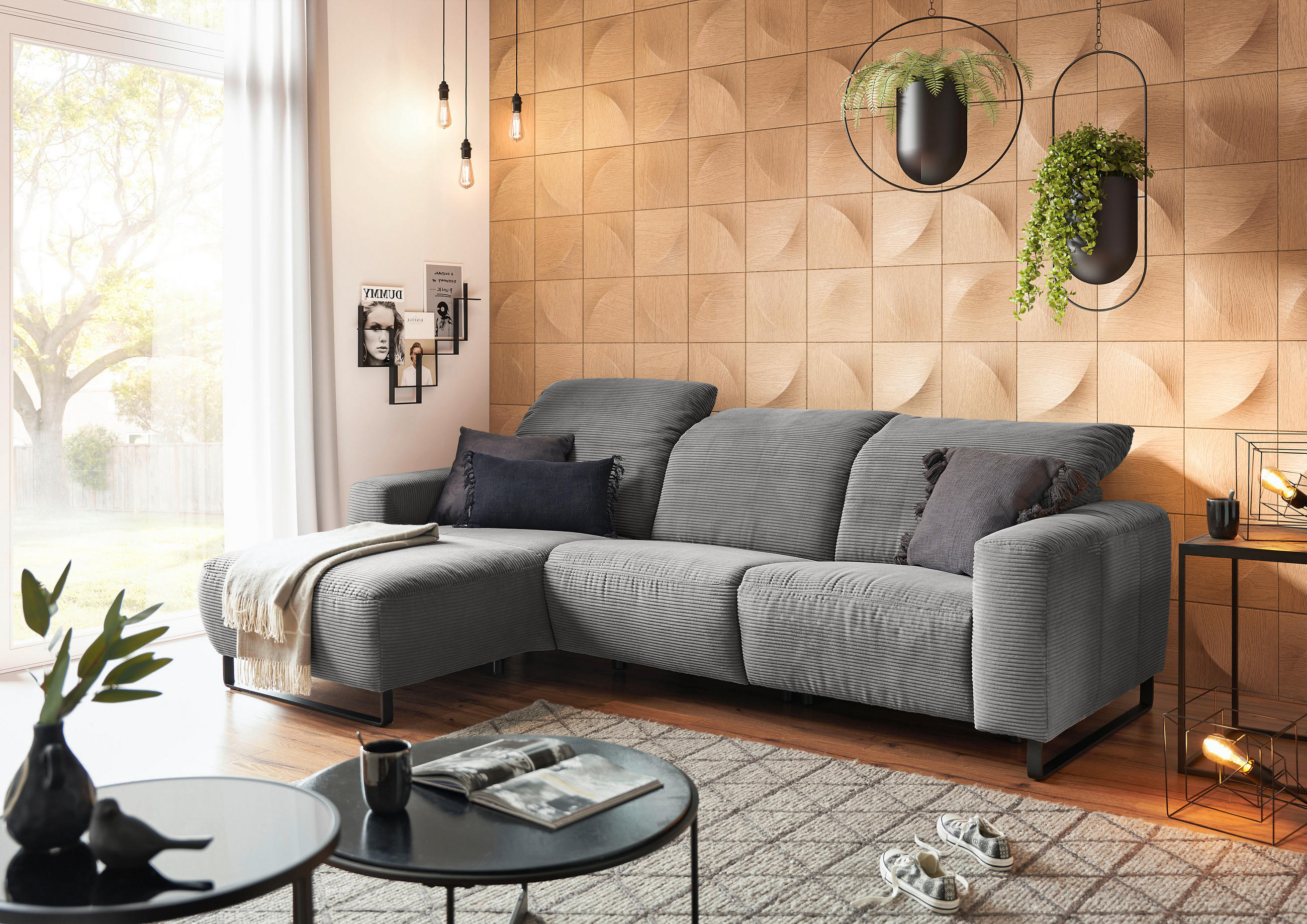 ECKSOFA in Cord Dunkelgrau  - Dunkelgrau/Schwarz, Konventionell, Textil/Metall (180/266cm) - Hom`in