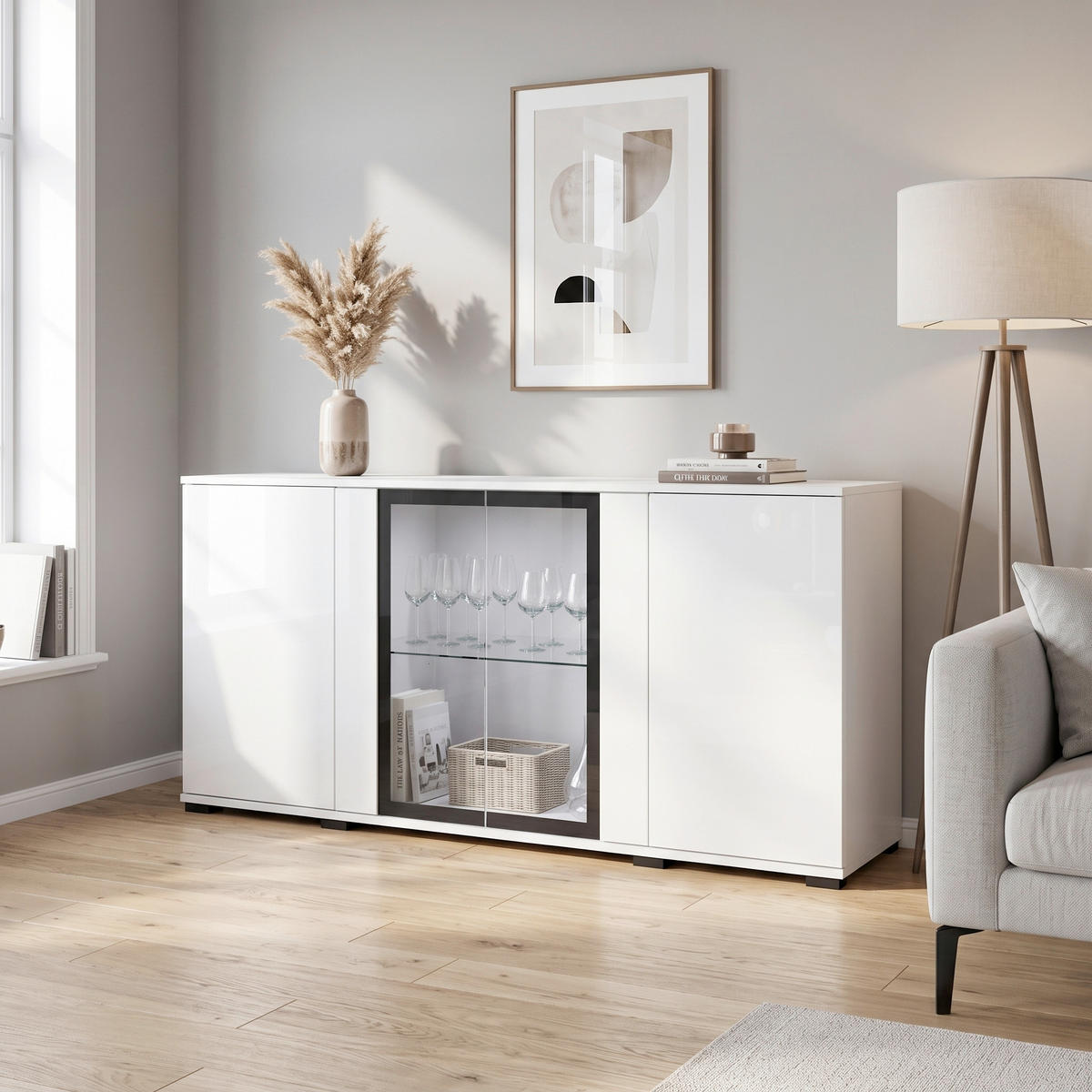 SIDEBOARD Caro 150/69,7/39,5 cm  - Weiß Hochglanz/Schwarz, Design, Glas/Holzwerkstoff (150/69,7/39,5cm) - P & B