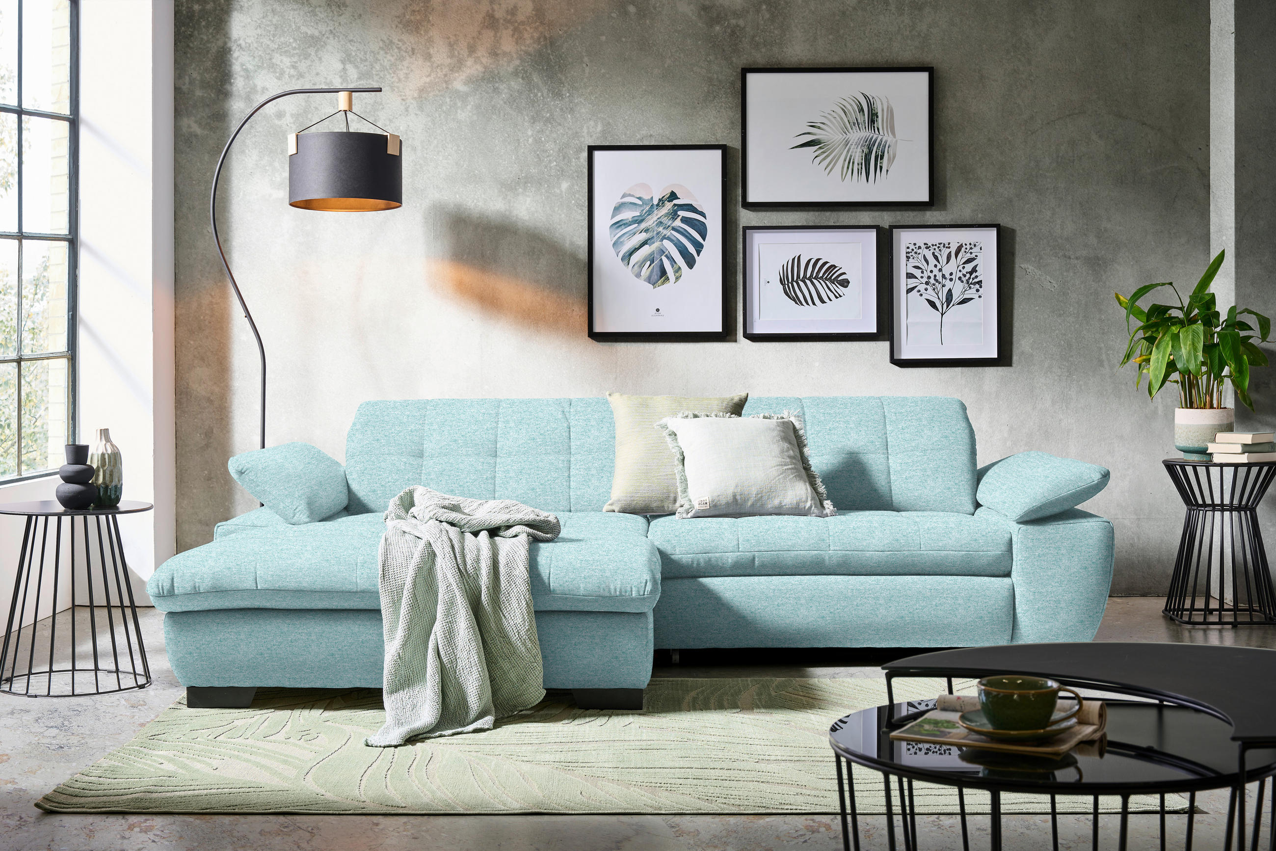 ECKSOFA in Webstoff Türkis  - Türkis/Schwarz, Design, Textil/Metall (180/265cm) - Carryhome