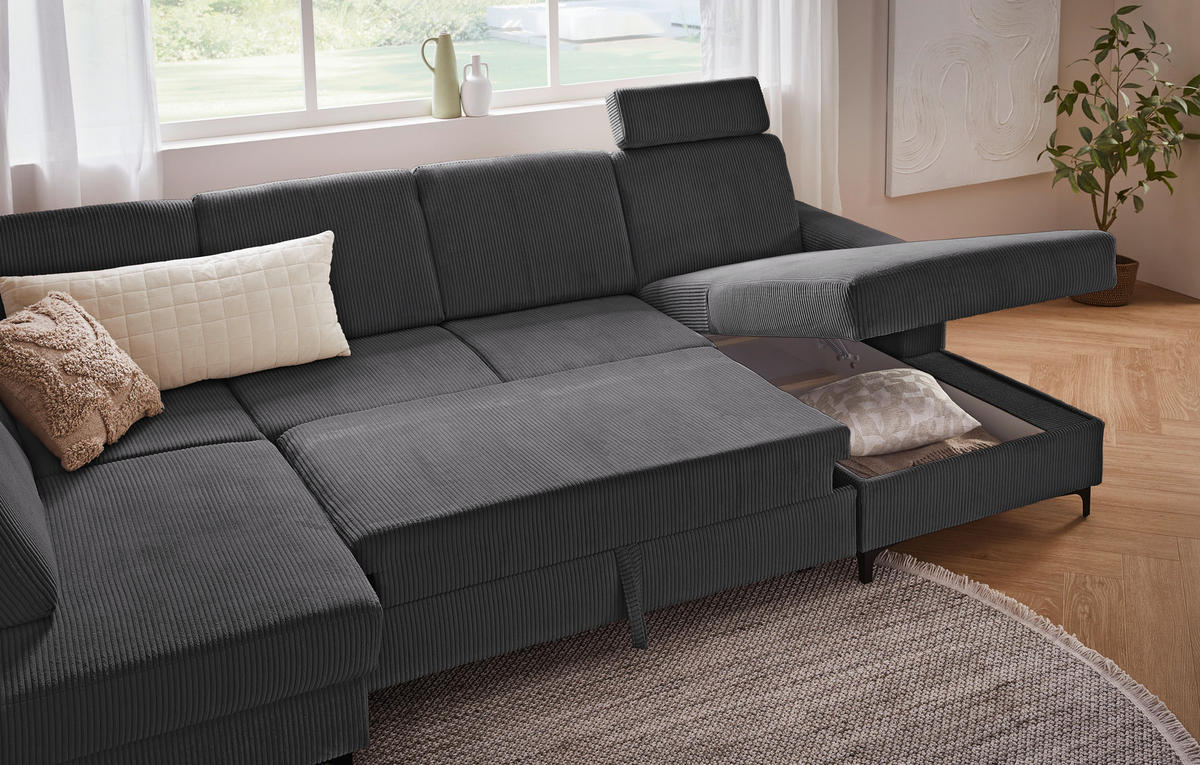 WOHNLANDSCHAFT ink. Funktionen in Cord Dunkelgrau  - Dunkelgrau/Schwarz, KONVENTIONELL, Textil/Metall (185/317/167cm) - Stylife