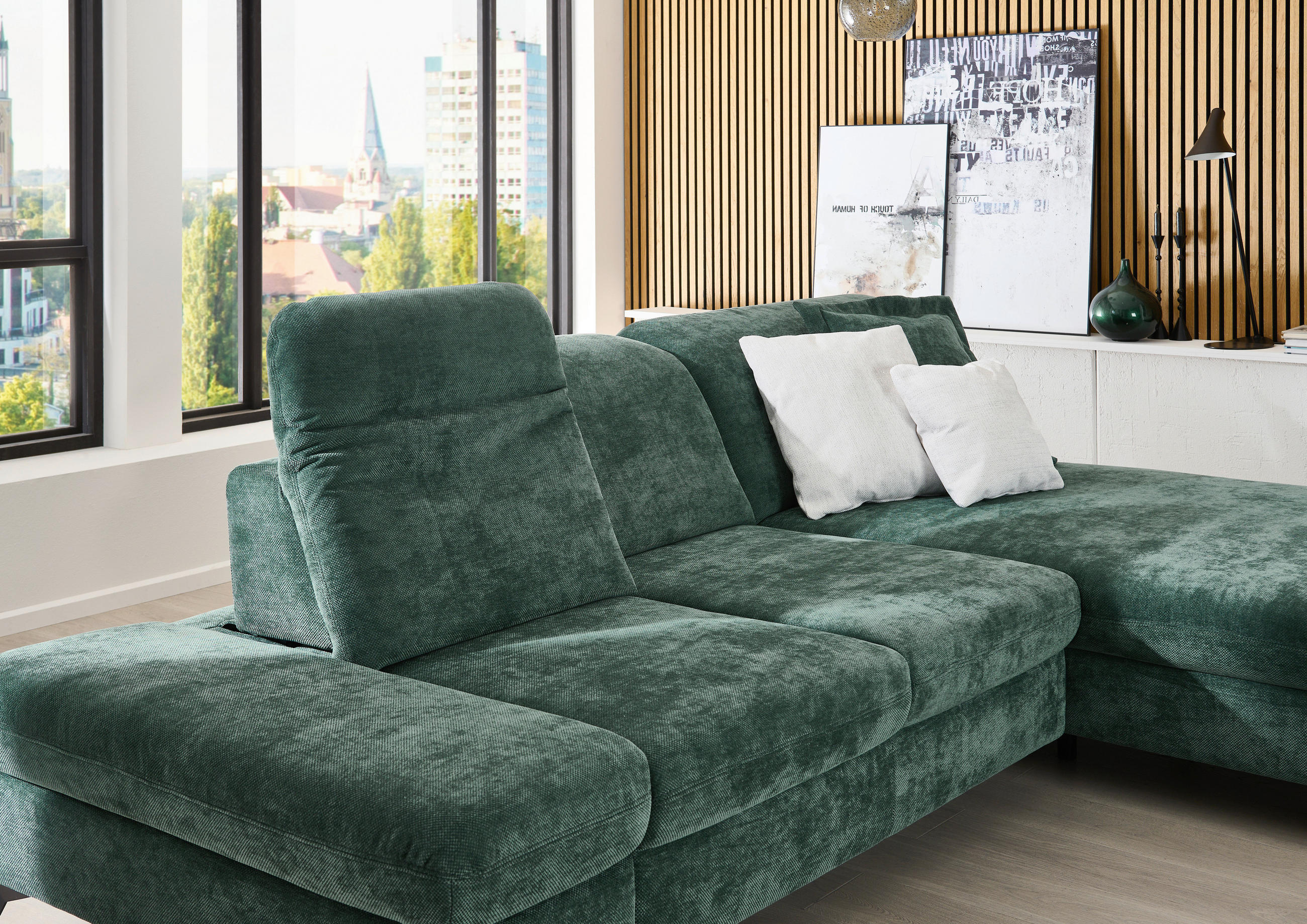 Thumbnail - Beldomo Style Ecksofa, Dunkelgrün, Textil, Ottomane rechts, L-Form, 288x198 cm, Typenauswahl, Bettkasten erhältlich, Sto...