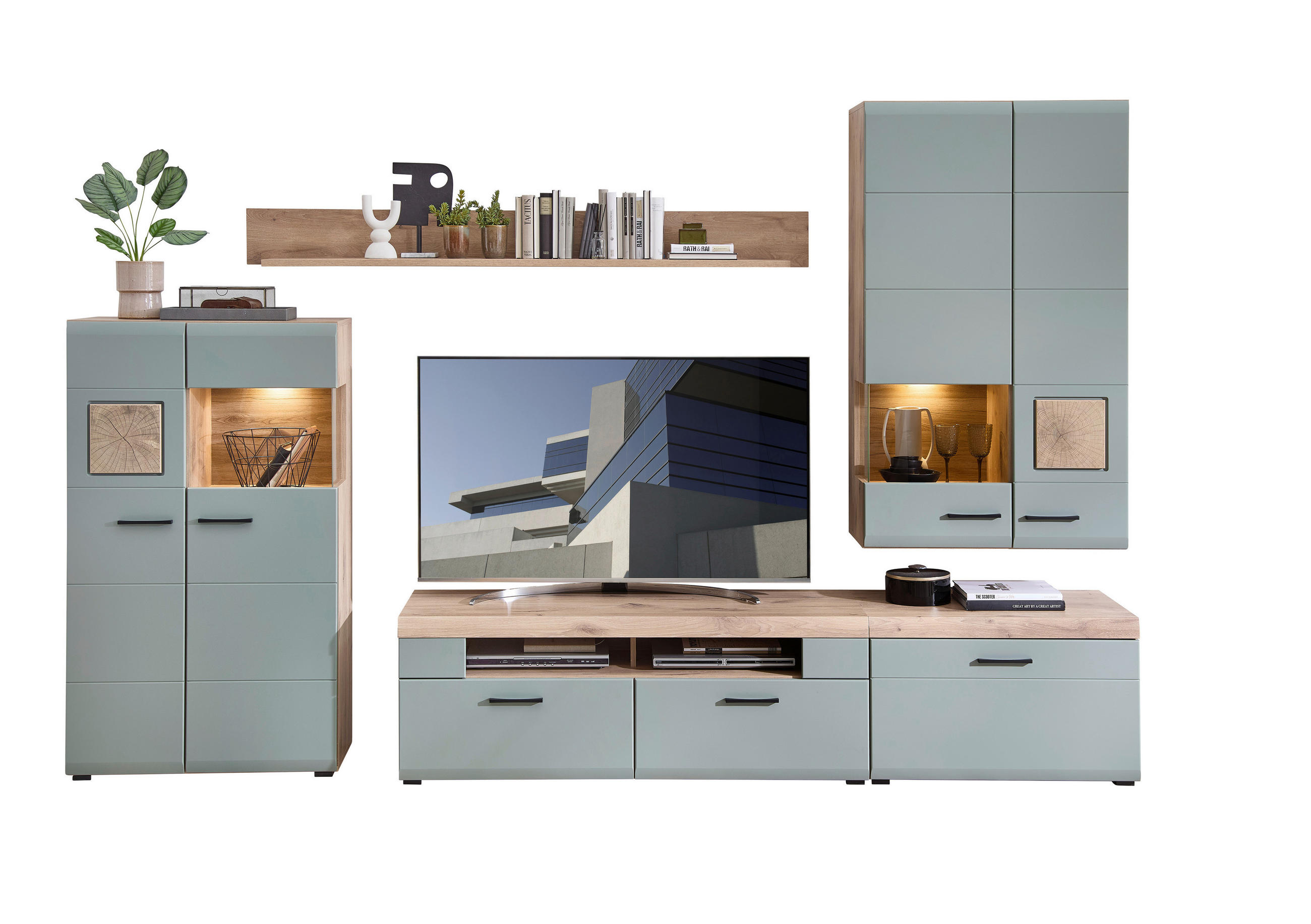 DNEVNI REGAL, zelena, barve hrasta - črna/barve hrasta, Moderno, kovina/umetna masa (320/205/47cm) - Hom`in