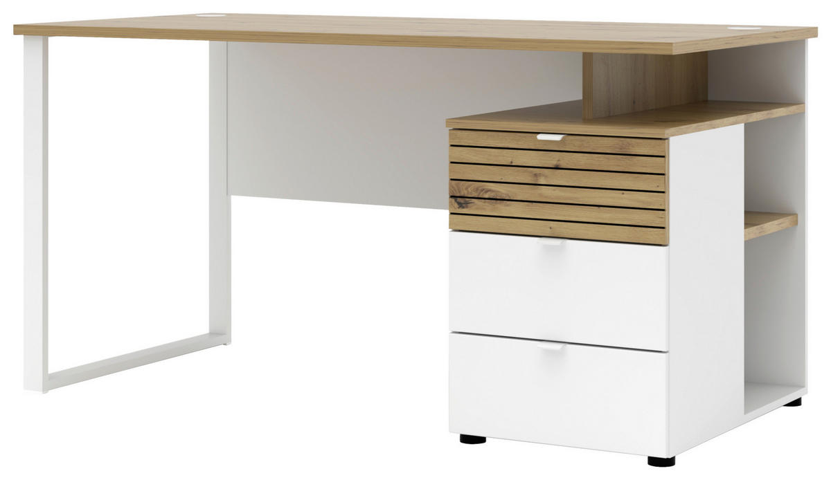 SCHREIBTISCH 150/77/73 cm Weiß, Eiche Artisan Kabeldurchlass, Stauraum  - Weiß/Eiche Artisan, KONVENTIONELL, Holzwerkstoff/Metall (150/77/73cm) - Voleo