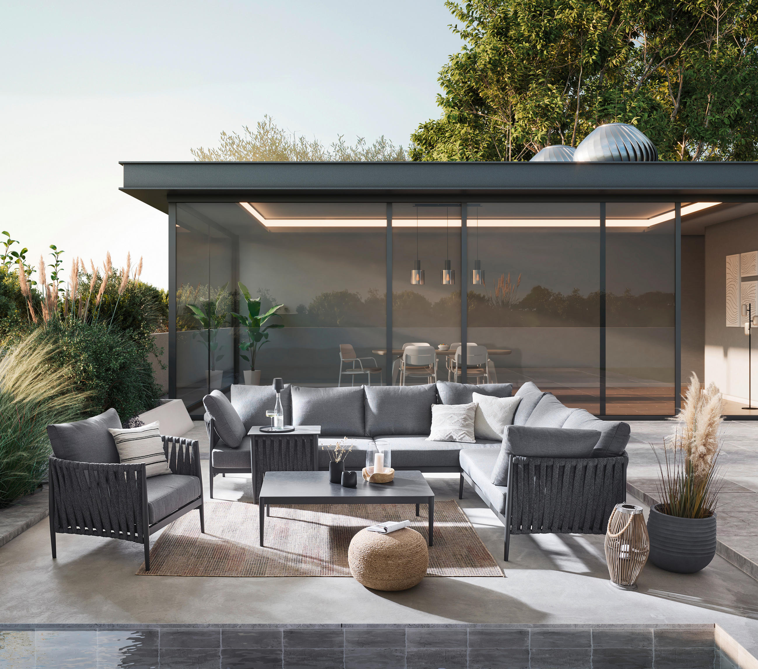 LOUNGEGARNITUR 296/229 cm Aluminium - Dunkelgrau/Anthrazit, Design, Textil/Metall (296/229cm) - Amatio