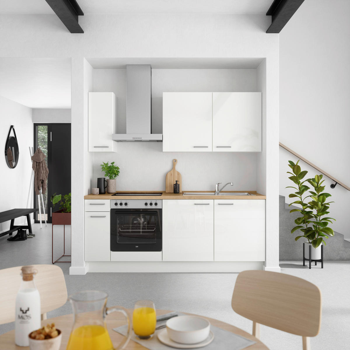 KÜCHENLEERBLOCK 210 cm   in Eichefarben, Weiß Hochglanz  - Edelstahlfarben/Eichefarben, MODERN, Holzwerkstoff/Metall (210cm) - Nobilia