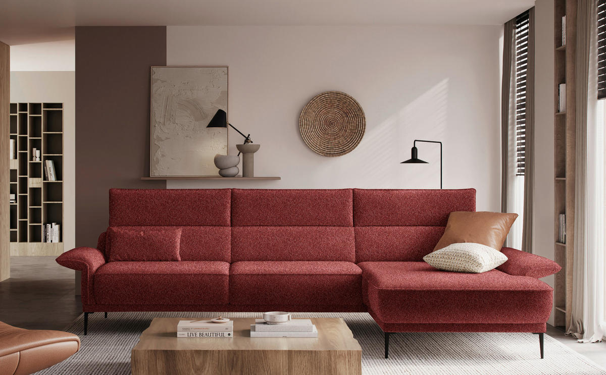 ECKSOFA in Bouclé Rot  330/186 cm  - Rot/Schwarz, Design, Textil/Metall (330/186cm) - Johann Jakob
