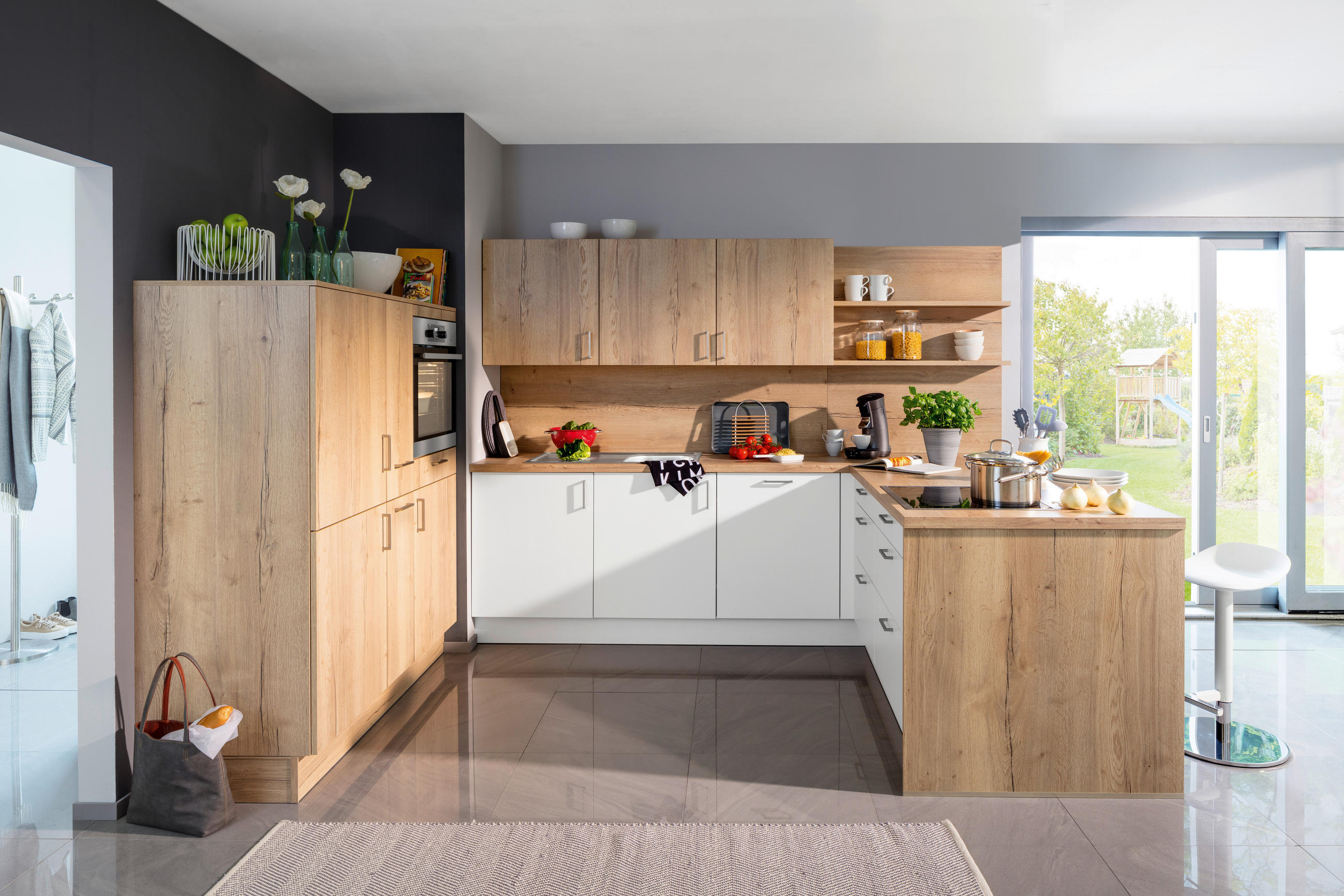 EINBAUKÜCHE NICOL  - Eichefarben/Weiß, Design, Holzwerkstoff - Novel
