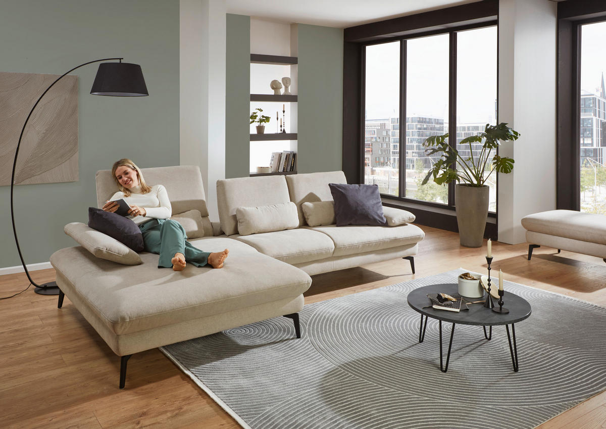 ECKSOFA in Mikrofaser, Chenille Ecru  - Ecru/Schwarz, Design, Textil/Metall (157/299cm) - Dieter Knoll