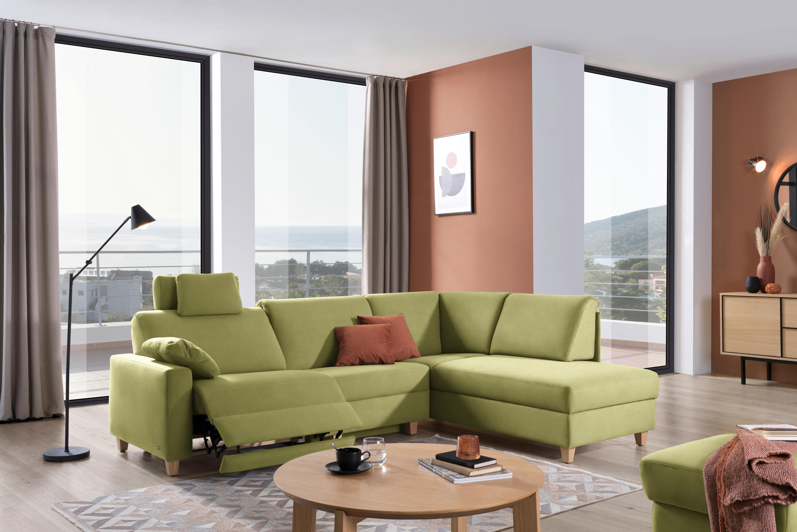 ECKSOFA in Flachgewebe Hellgrün  261/203 cm  - Eichefarben/Hellgrün, KONVENTIONELL, Holz/Textil (261/203cm) - Sedda