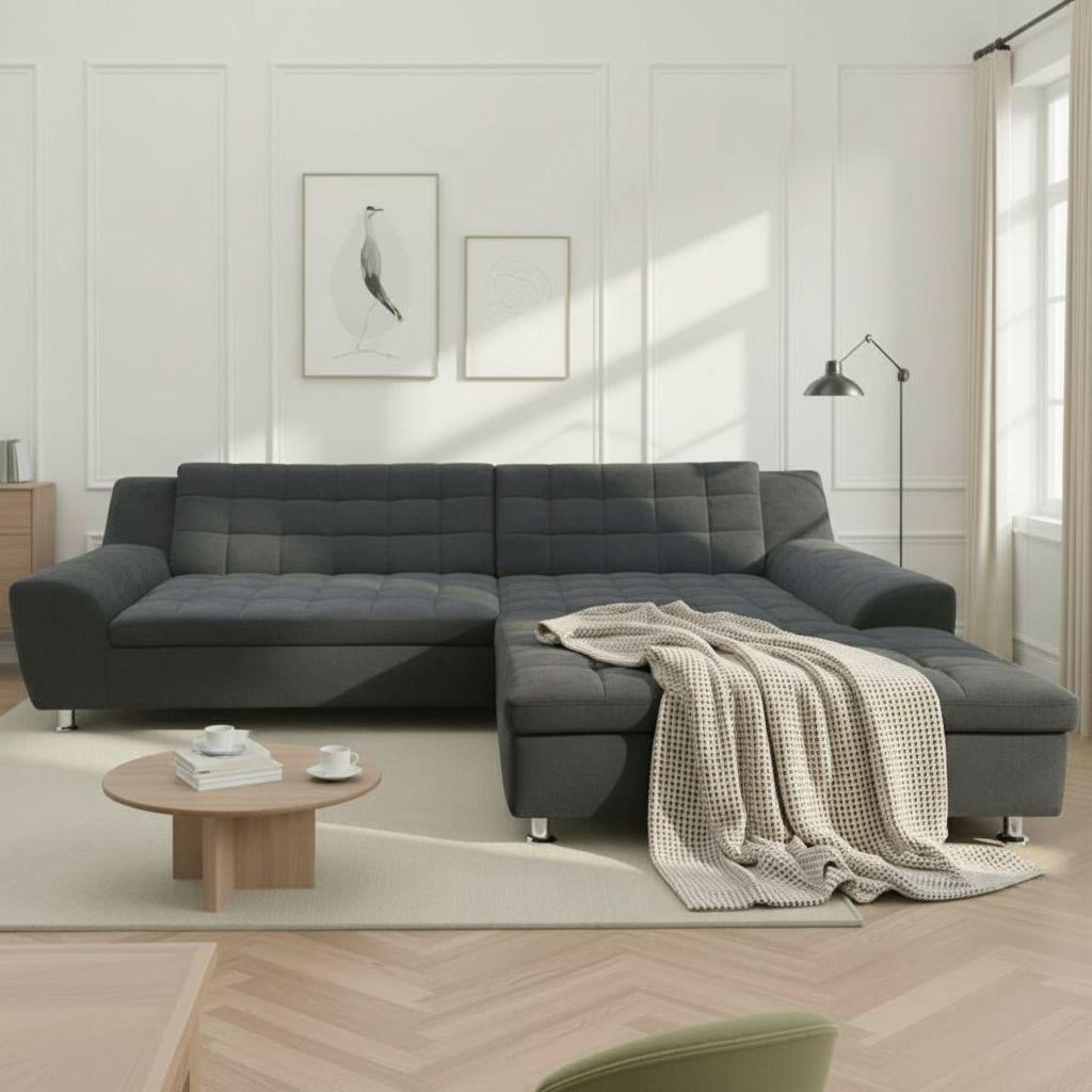 ECKSOFA MORTON Dunkelgrau Mikrofaser  - Chromfarben/Dunkelgrau, MODERN, Textil/Metall (304/200cm) - MID.YOU