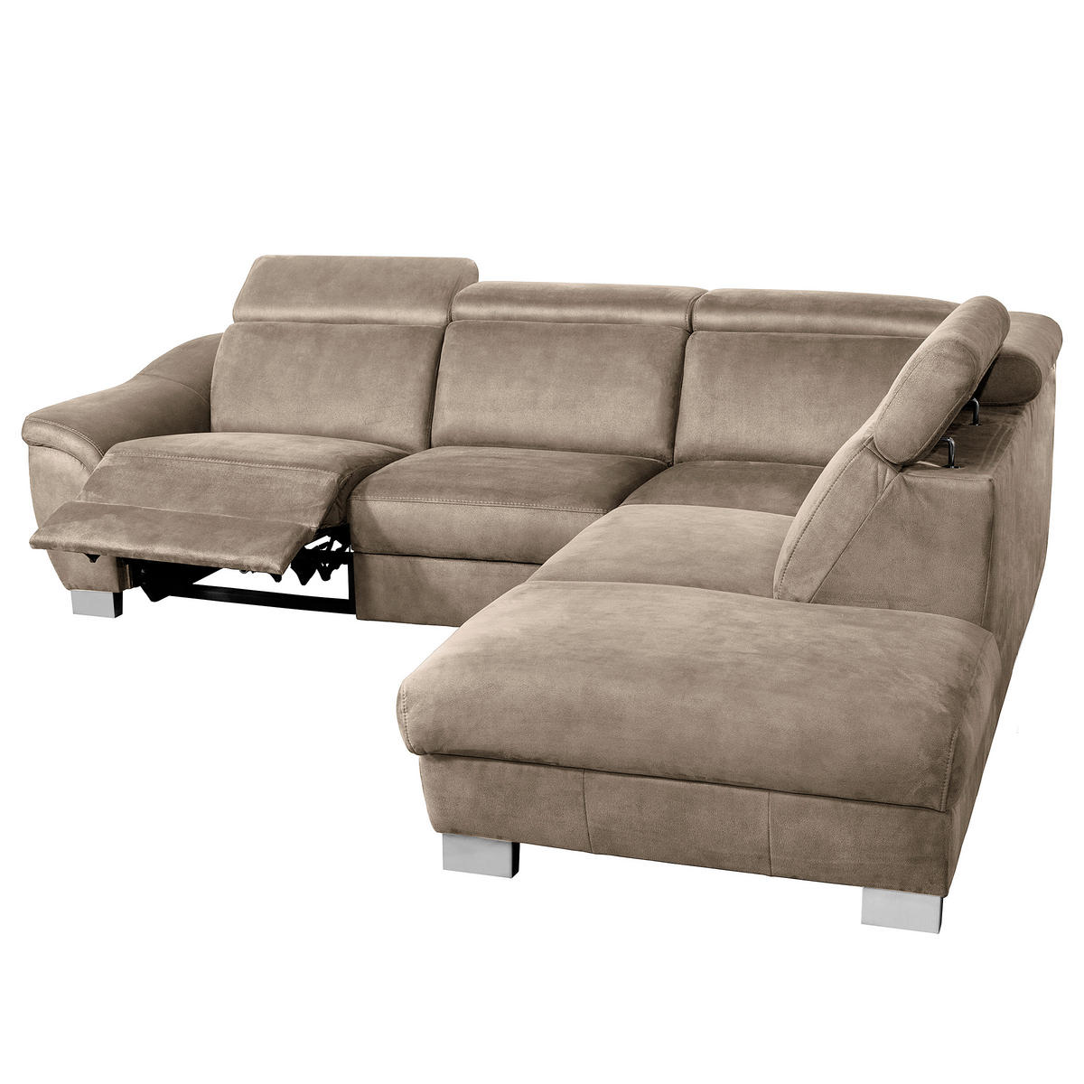 ECKSOFA Taupe Mikrofaser Rücken echt, Relaxfunktion, Kopfteilverstellung  - Taupe/Chromfarben, Design, Textil/Metall (276/238cm) - Livetastic