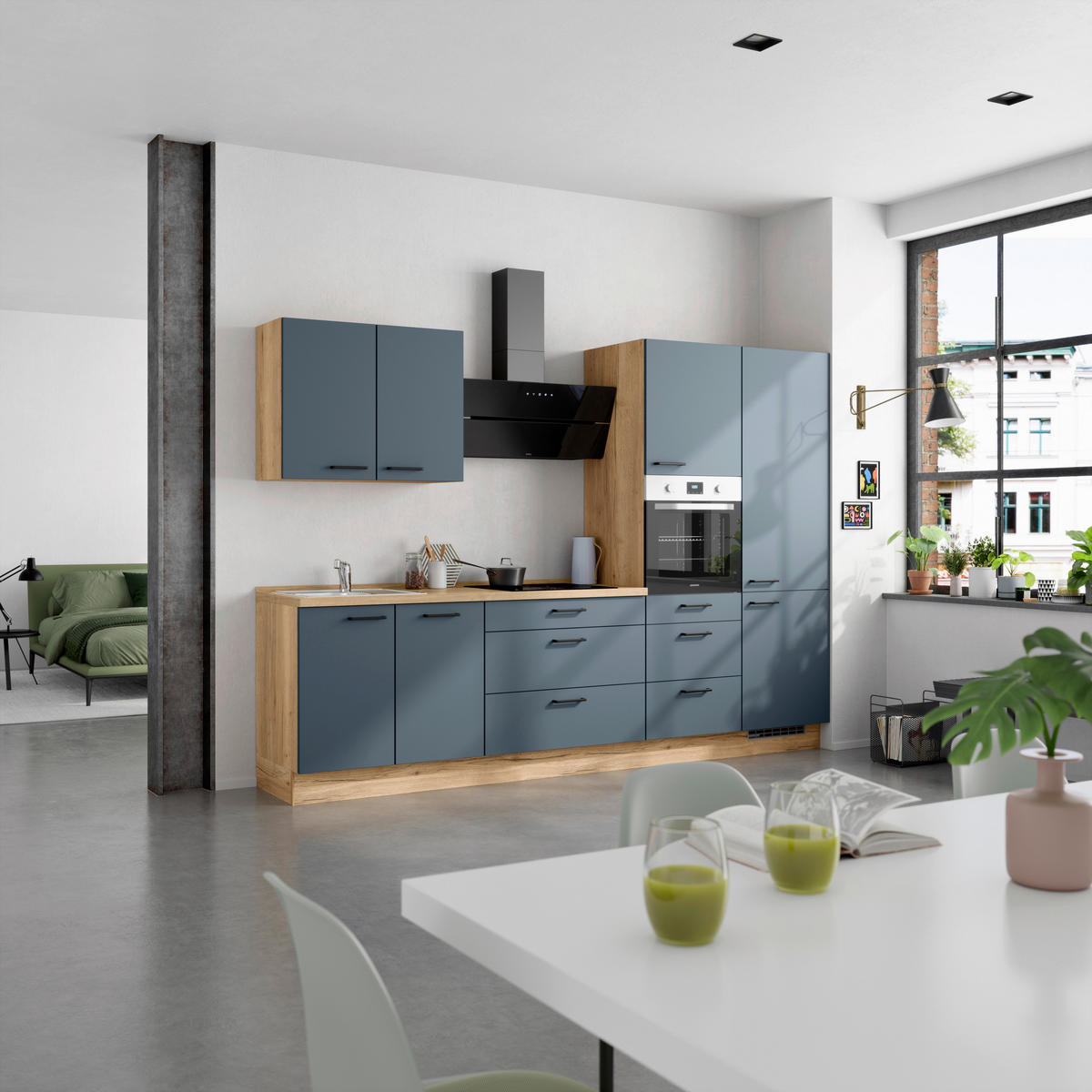 KÜCHENBLOCK Easytouch 300 cm  in Eichefarben, Dunkelblau  - Eichefarben/Schwarz, MODERN, Holzwerkstoff/Metall (300cm) - Nobilia