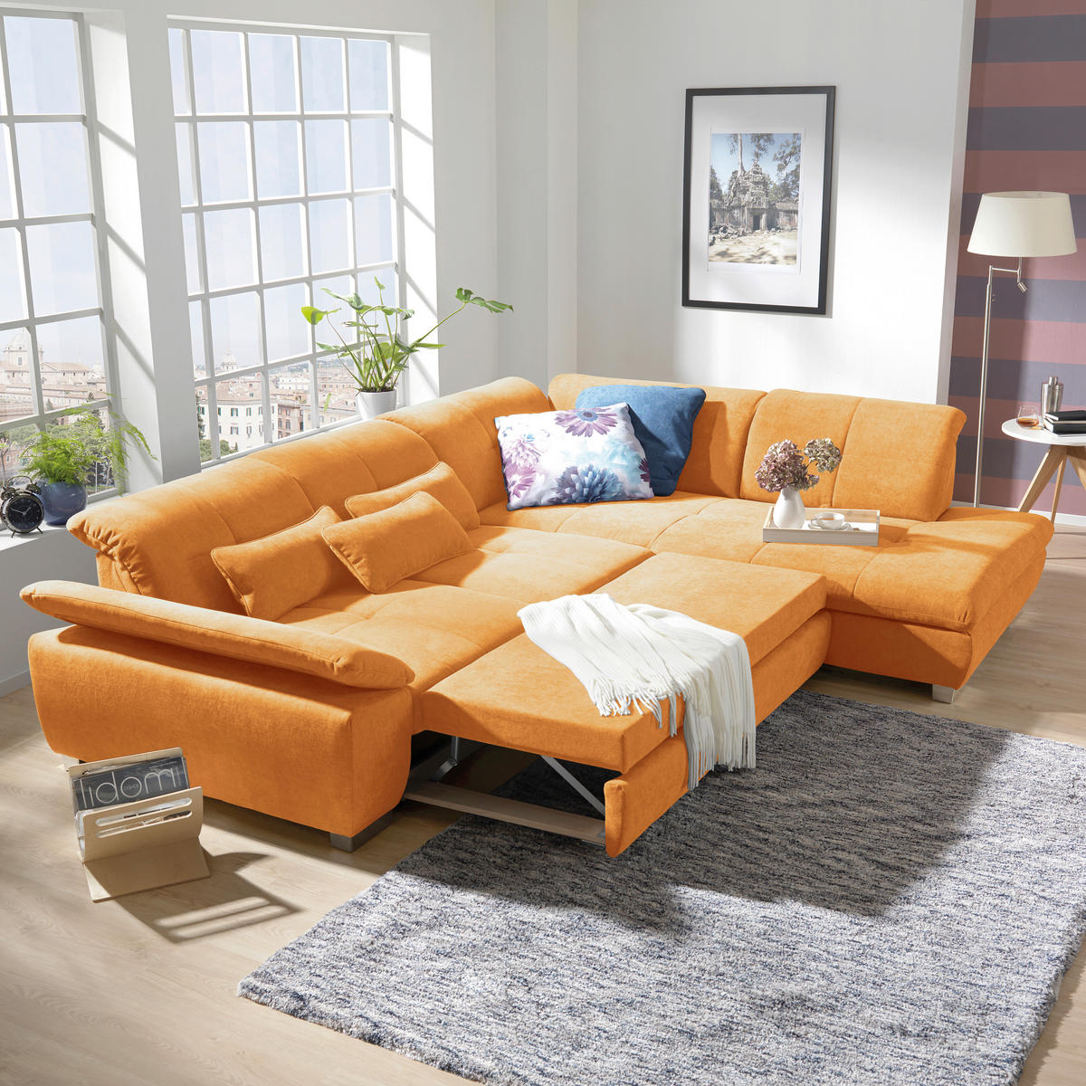 SEDEŽNA GARNITURA, gladka tkanina oranžna  - barve kroma/oranžna, Design, tekstil (242/313cm) - Xora