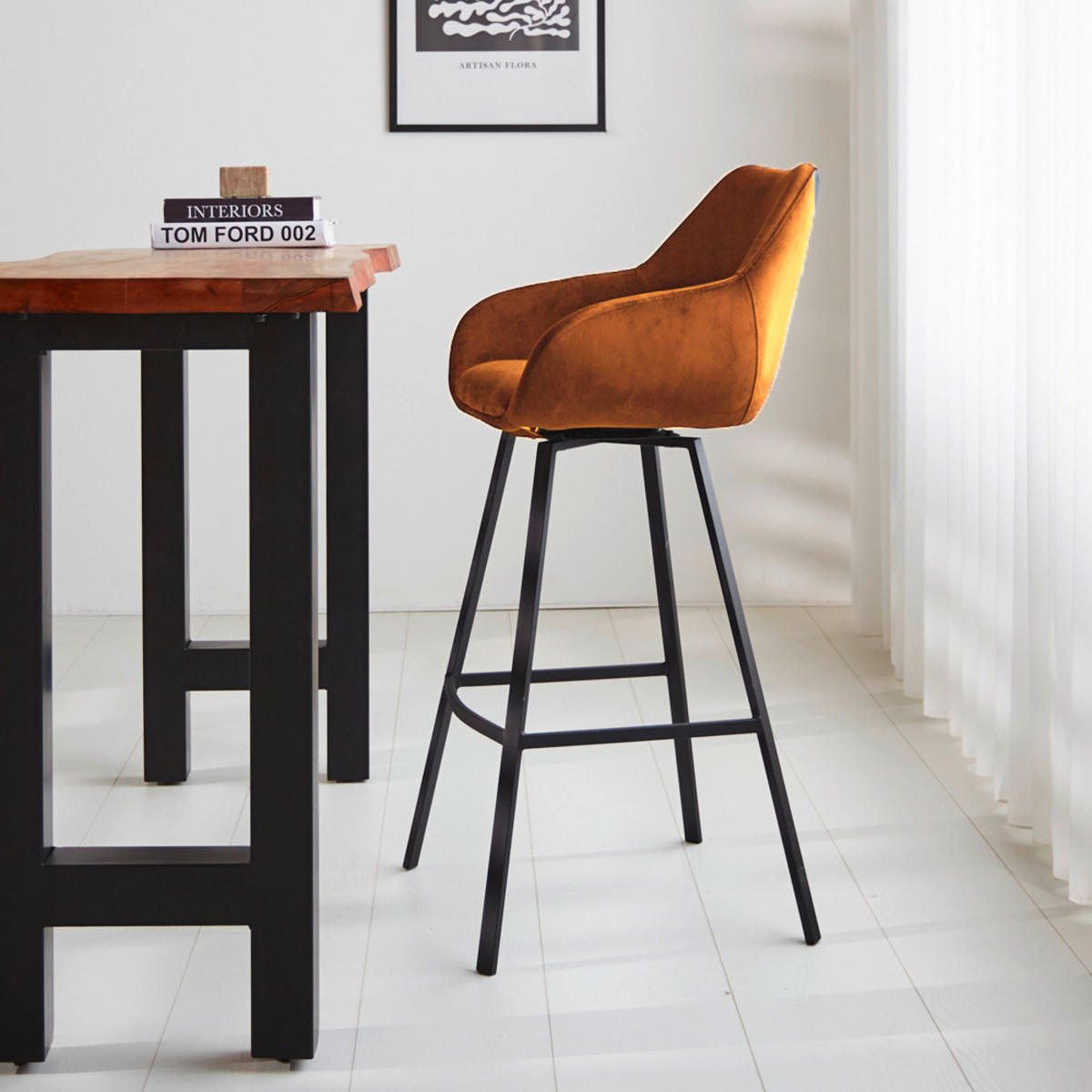 BARHOCKER-SET Samt, Velours Gelb, Goldfarben, Cognac Sitzfläche 180° drehbar, automatische Rückholfunktion  - Cognac/Gelb, MODERN, Textil/Metall (55/109/57cm) - MID.YOU