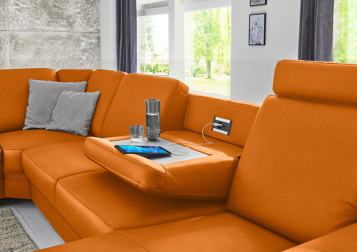 WOHNLANDSCHAFT Echtleder Orange  - Alufarben/Orange, Konventionell, Leder/Metall (239/329/165cm) - Beldomo Premium