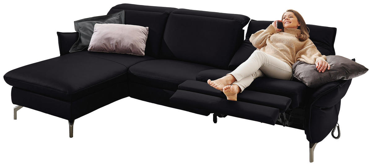 ECKSOFA in Lederlook (vegan) Schwarz  - Schwarz/Nickelfarben, Modern, Textil/Metall (179/233cm) - Livetastic