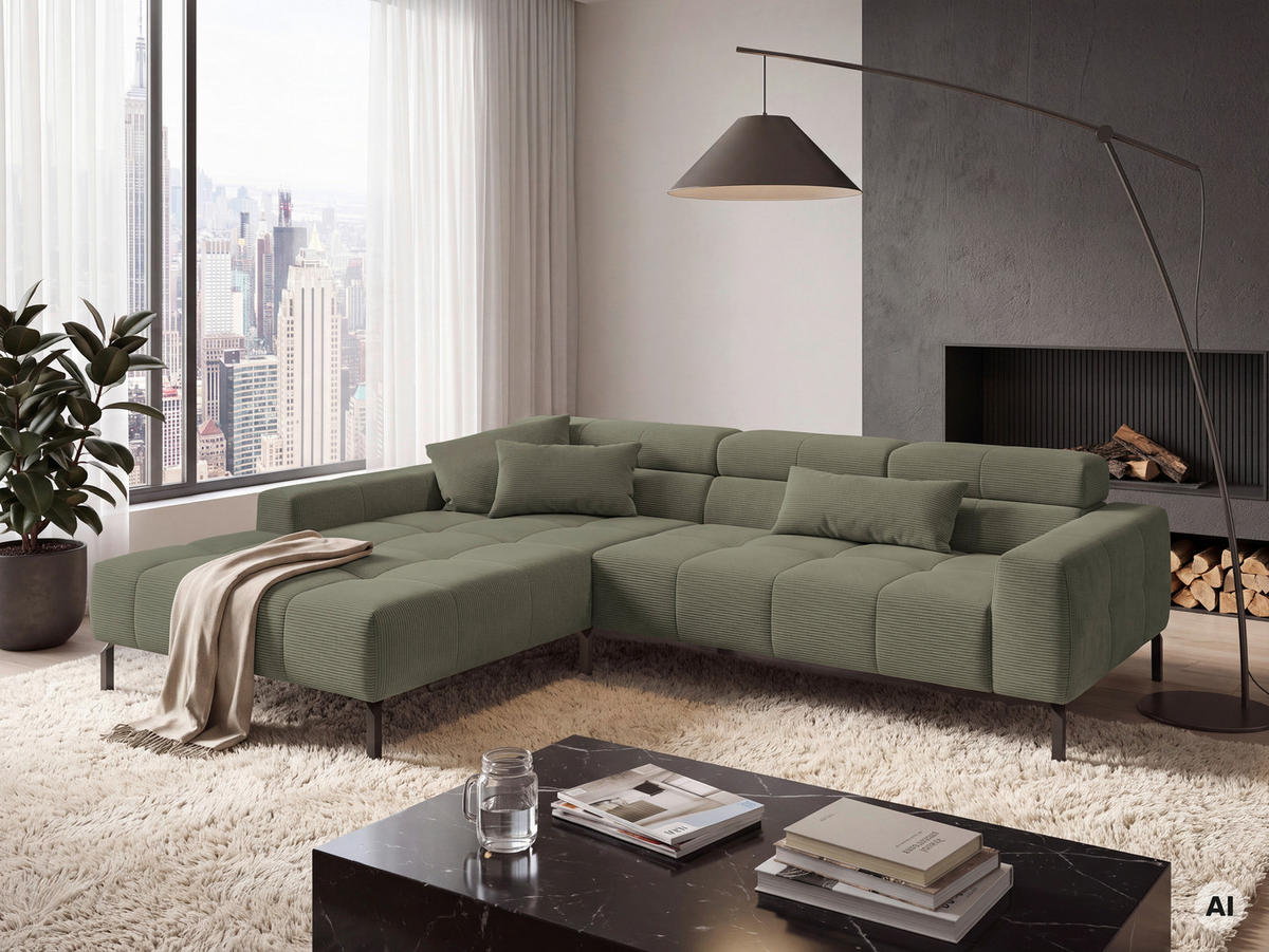 ECKSOFA Olivgrün Feincord Rücken echt, Kopfteilverstellung, Sitztiefenverstellung  - Schwarz/Olivgrün, KONVENTIONELL, Textil/Metall (226/293cm) - Hom`in