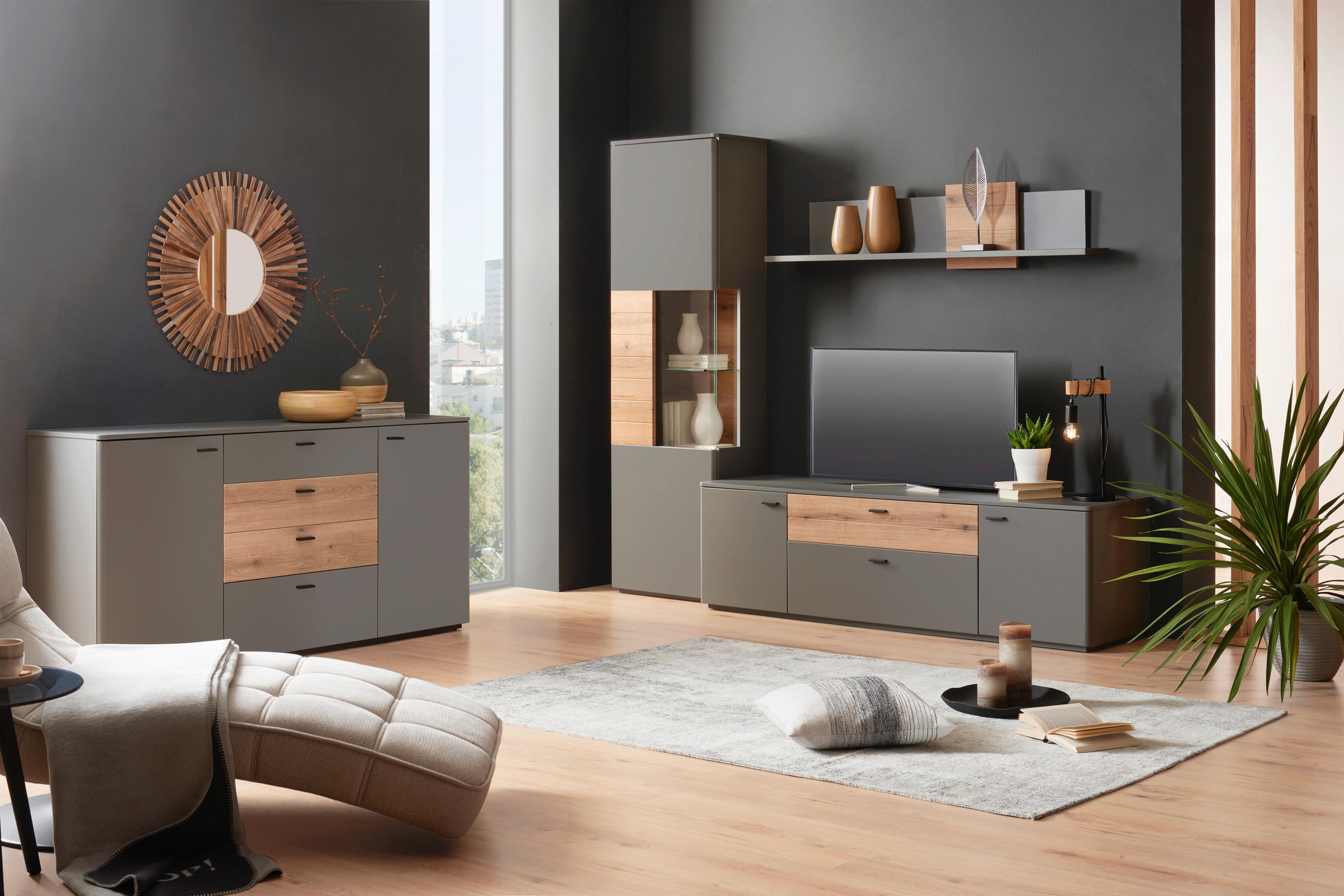 VITRINE in Grau, Eichefarben  - Eichefarben/Grau, Design, Glas/Holzwerkstoff (60/200/38cm) - Stylife