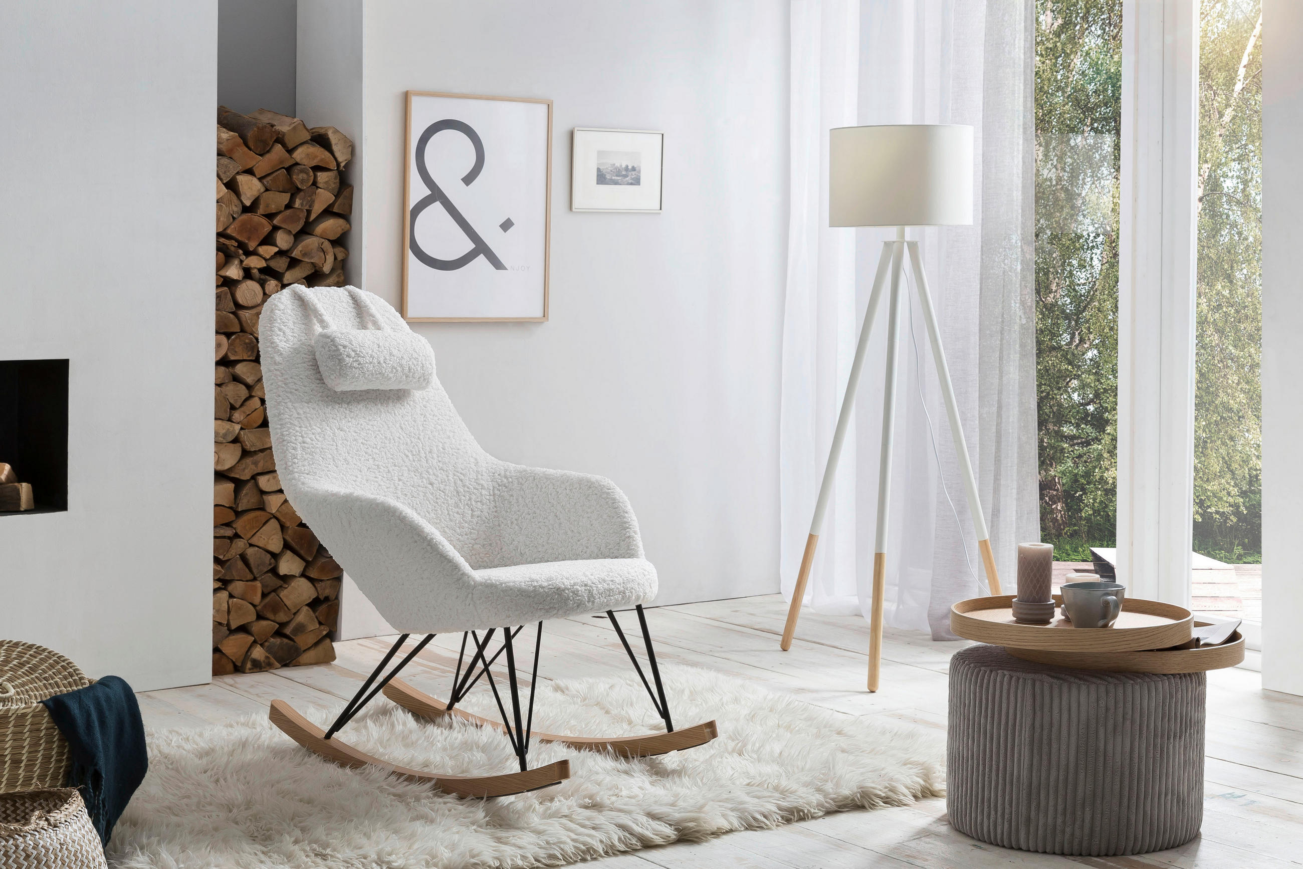 SCHAUKELSTUHL in Teddystoff Weiß  - Eichefarben/Schwarz, MODERN, Holz/Textil (67/107/105cm) - Livetastic