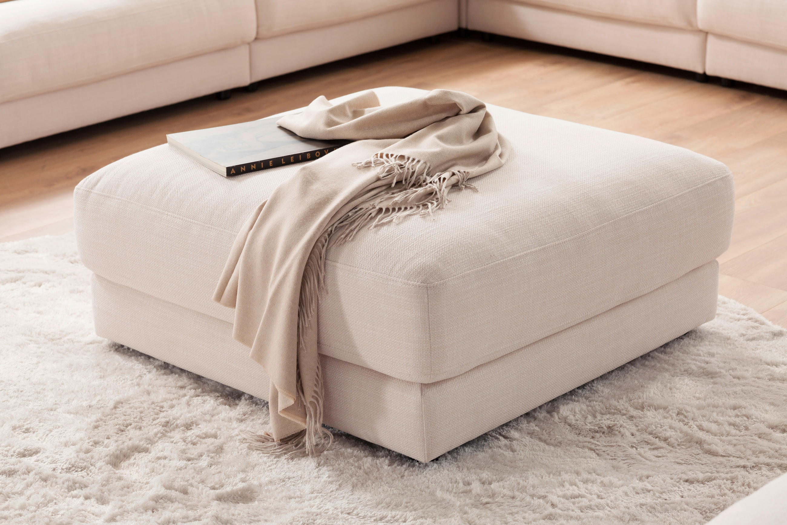 HOCKER in Textil Naturfarben, Weiß  - Schwarz/Naturfarben, Design, Kunststoff/Textil (100/44/100cm) - Pure Home Lifestyle