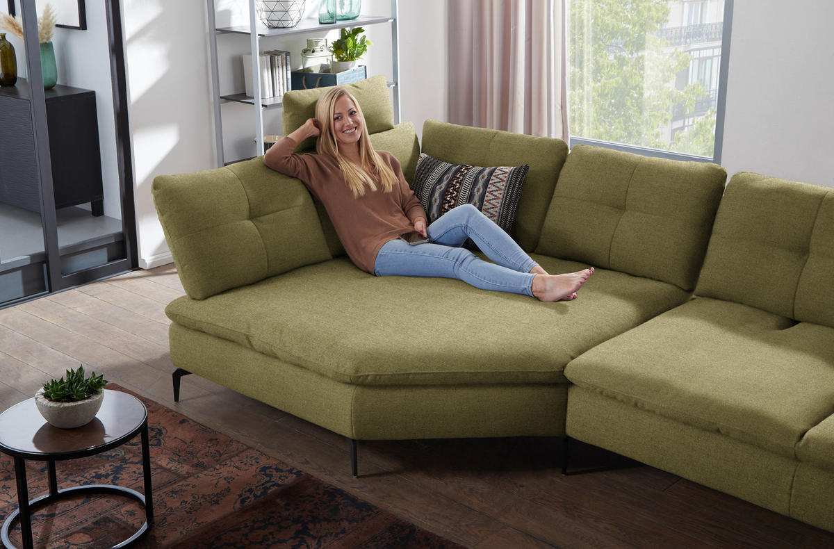 ECKSOFA in Flachgewebe Olivgrün  - Schwarz/Olivgrün, Design, Textil/Metall (157/344cm) - Chilliano