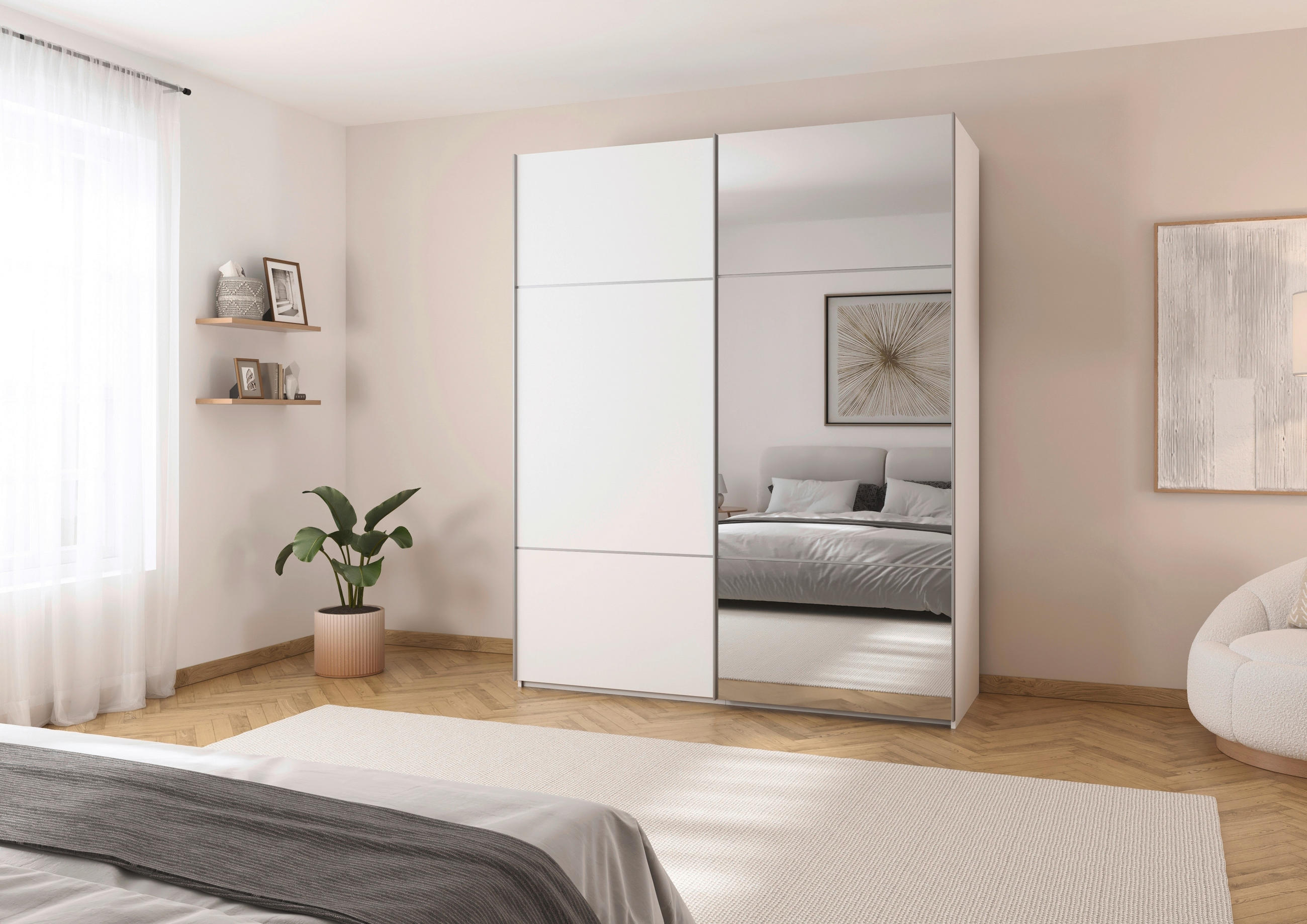 SCHWEBETÜRENSCHRANK 201/223/68 cm 2-türig Weiß  - Alufarben/Weiß, KONVENTIONELL, Glas/Holzwerkstoff (201/223/68cm) - Novel