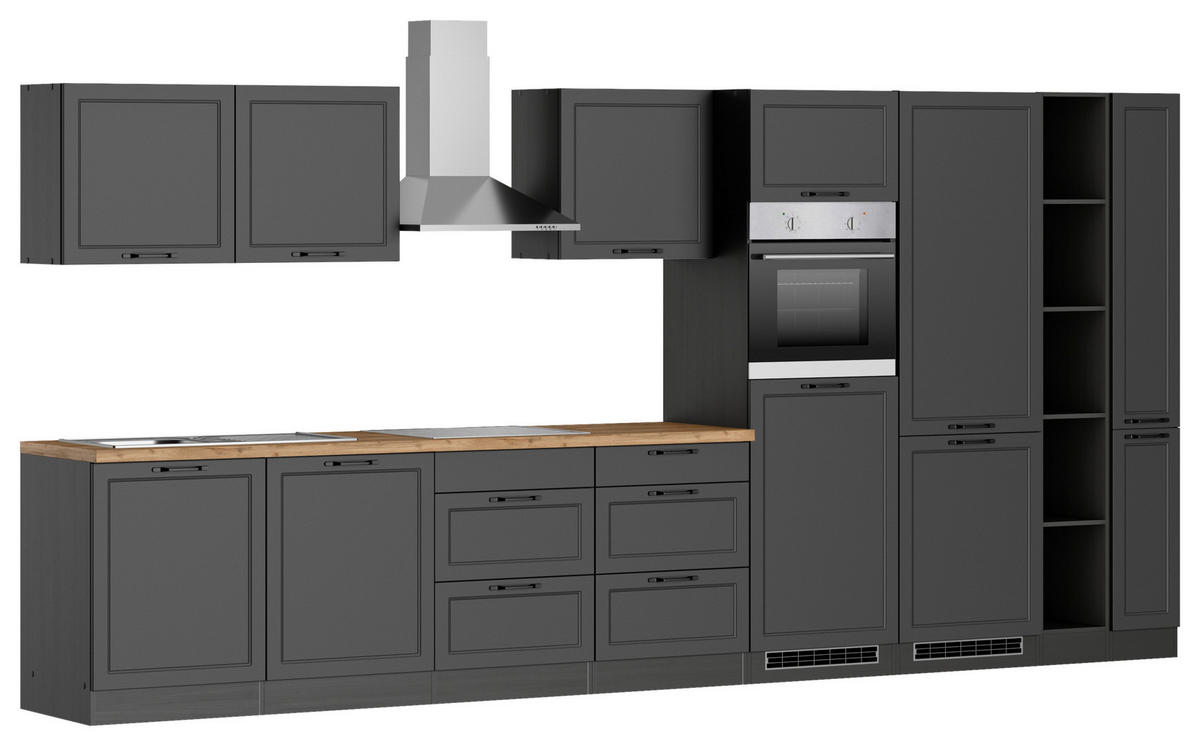 KÜCHENBLOCK 420 cm   in Grau, Eiche Wotan  - Eiche Wotan/Schwarz, Lifestyle, Holzwerkstoff/Metall (420cm) - Held