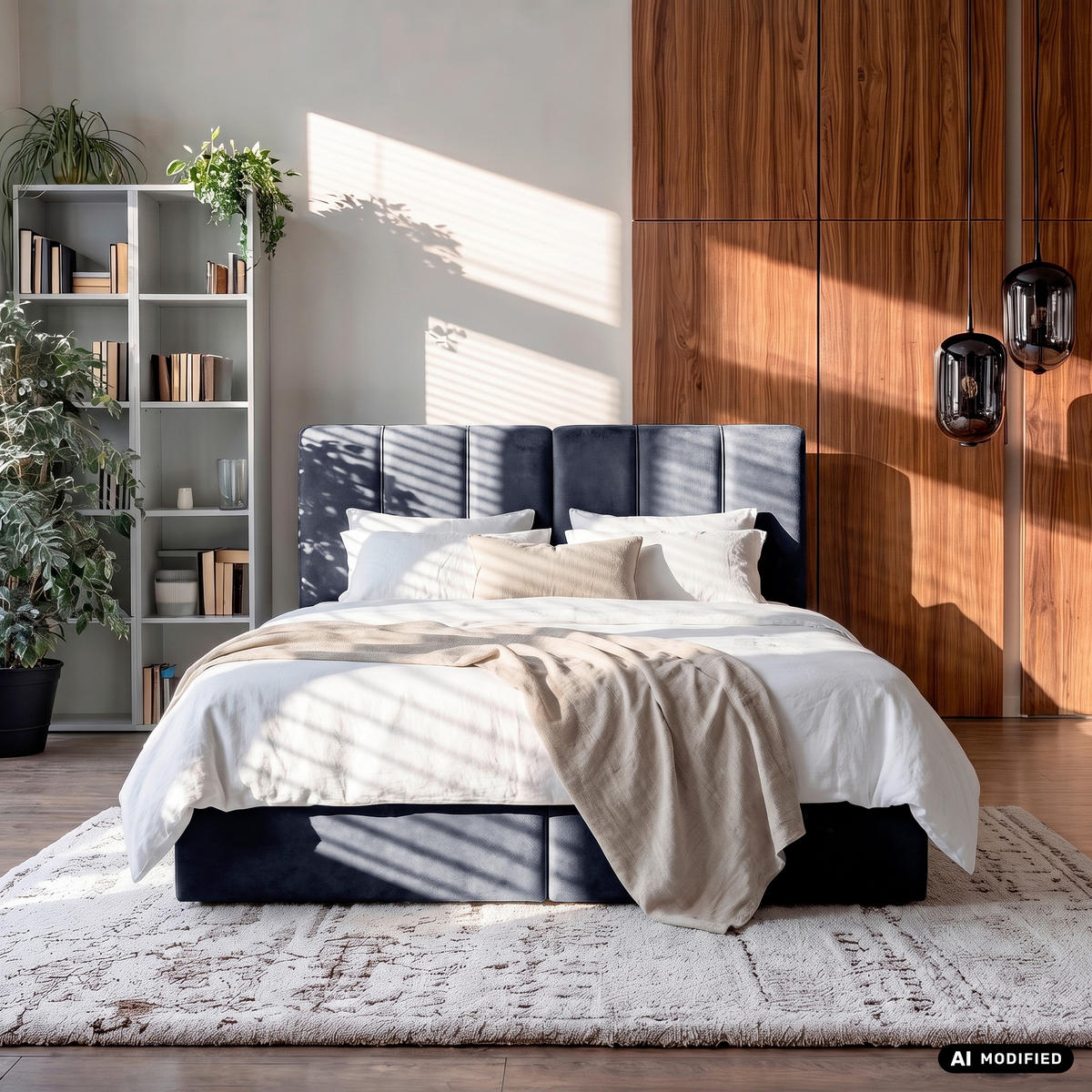 BOXBETT 160/200 cm,  in Dunkelblau, gepolstertes Kopfteil, Bettkasten, Topper, Matratze, H3 = fest  - Schwarz/Dunkelblau, Design, Holzwerkstoff/Kunststoff (160/200cm) - Esposa