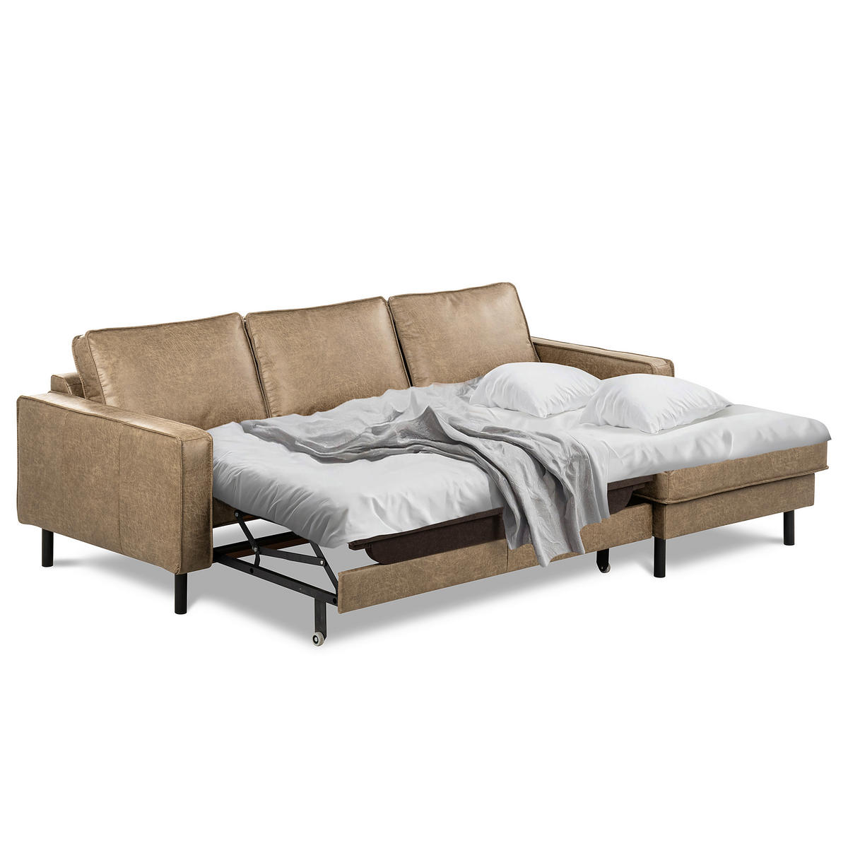 ECKSOFA Graubraun Echtleder Lederlook Bettkasten, Schlaffunktion, Rücken echt  - Graubraun/Schwarz, Design, Leder/Textil (166/238cm) - Livetastic