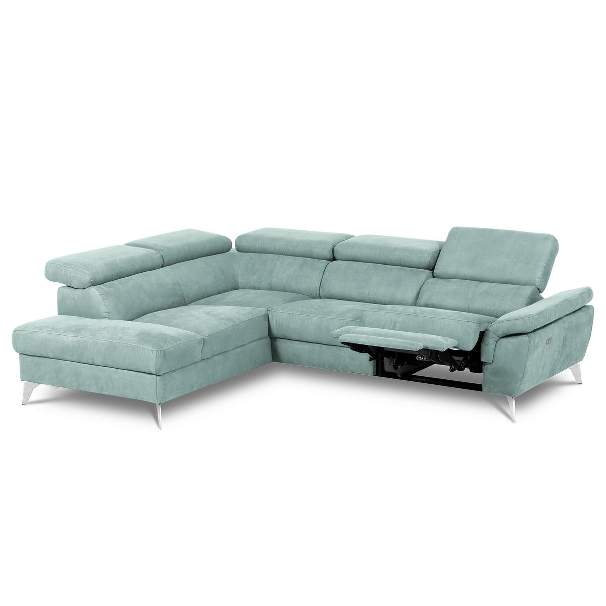 ECKSOFA SONO in Lederlook Hellblau Bettkasten, Armteilverstellung, Kopfteilverstellung  210/265 cm  - Chromfarben/Hellblau, Design, Textil/Metall (210/265cm) - Livetastic
