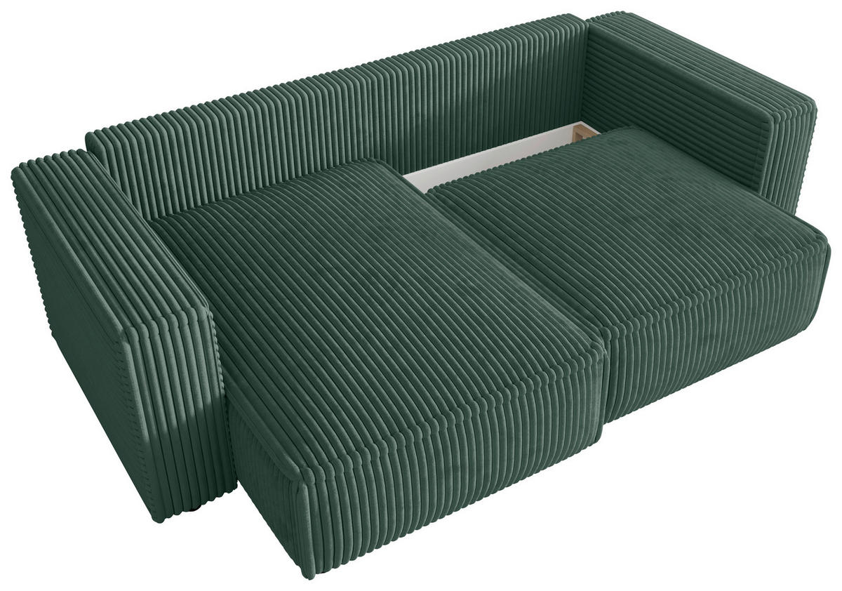 ECKSOFA Dunkelgrün Cord Zierkissen, Rückenkissen, Schlaffunktion, Rücken echt  - Dunkelgrün/Schwarz, MODERN, Kunststoff/Textil (153/250cm) - Xora