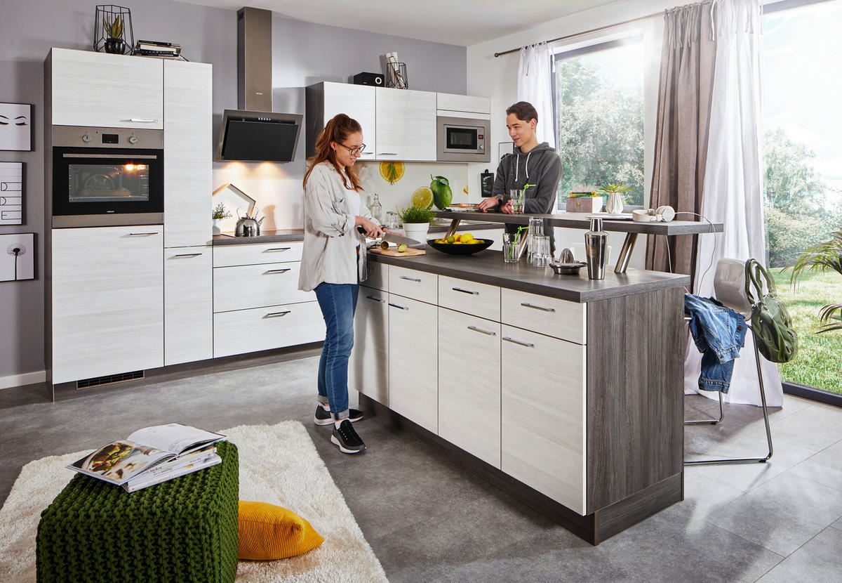 KUCHYNSKÁ LINKA PLAN 345 - farba ušľachtilej ocele/farba duba, Design, kov/kompozitné drevo (345cm) - Welnova