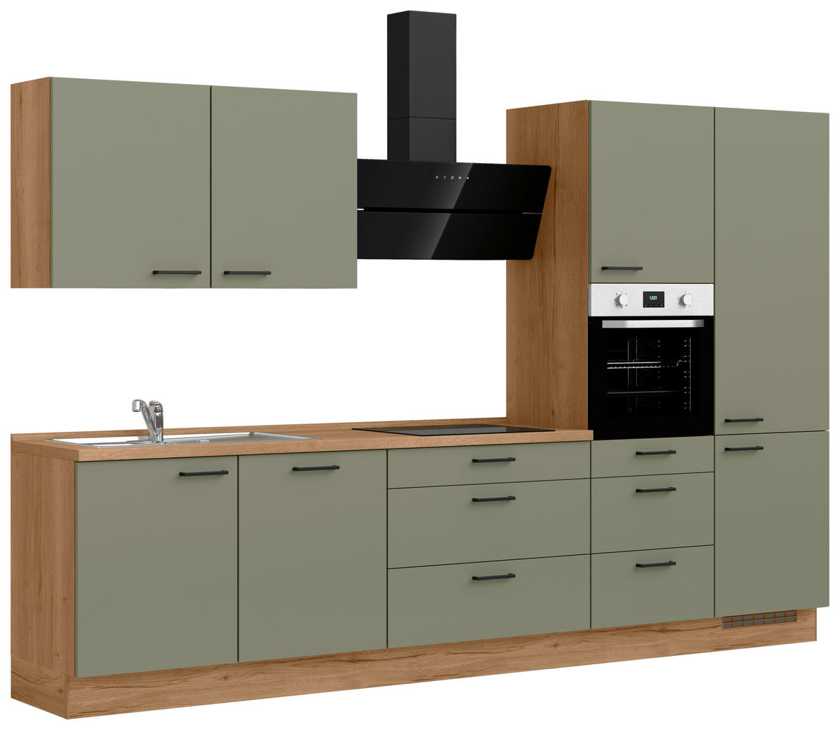 KÜCHENLEERBLOCK Senso 330 cm  in Eichefarben, Olivgrün  - Eichefarben/Schwarz, ROMANTIK / LANDHAUS, Holzwerkstoff/Metall (330cm) - Nobilia