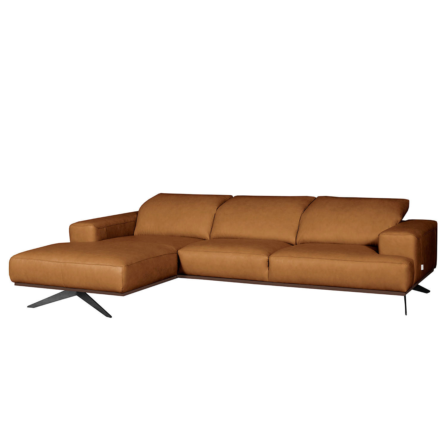 ECKSOFA Cognac Echtleder Rücken echt, Kopfteilverstellung  - Cognac/Schwarz, Design, Leder/Metall (187/295cm) - Livetastic