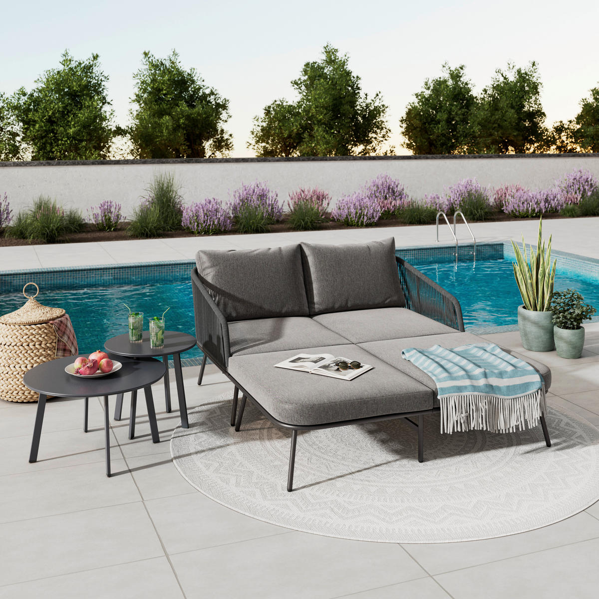 SONNENINSEL 150/75/95 cm  - Dunkelgrau/Schwarz, MODERN, Textil/Metall (150/75/95cm) - Beldano