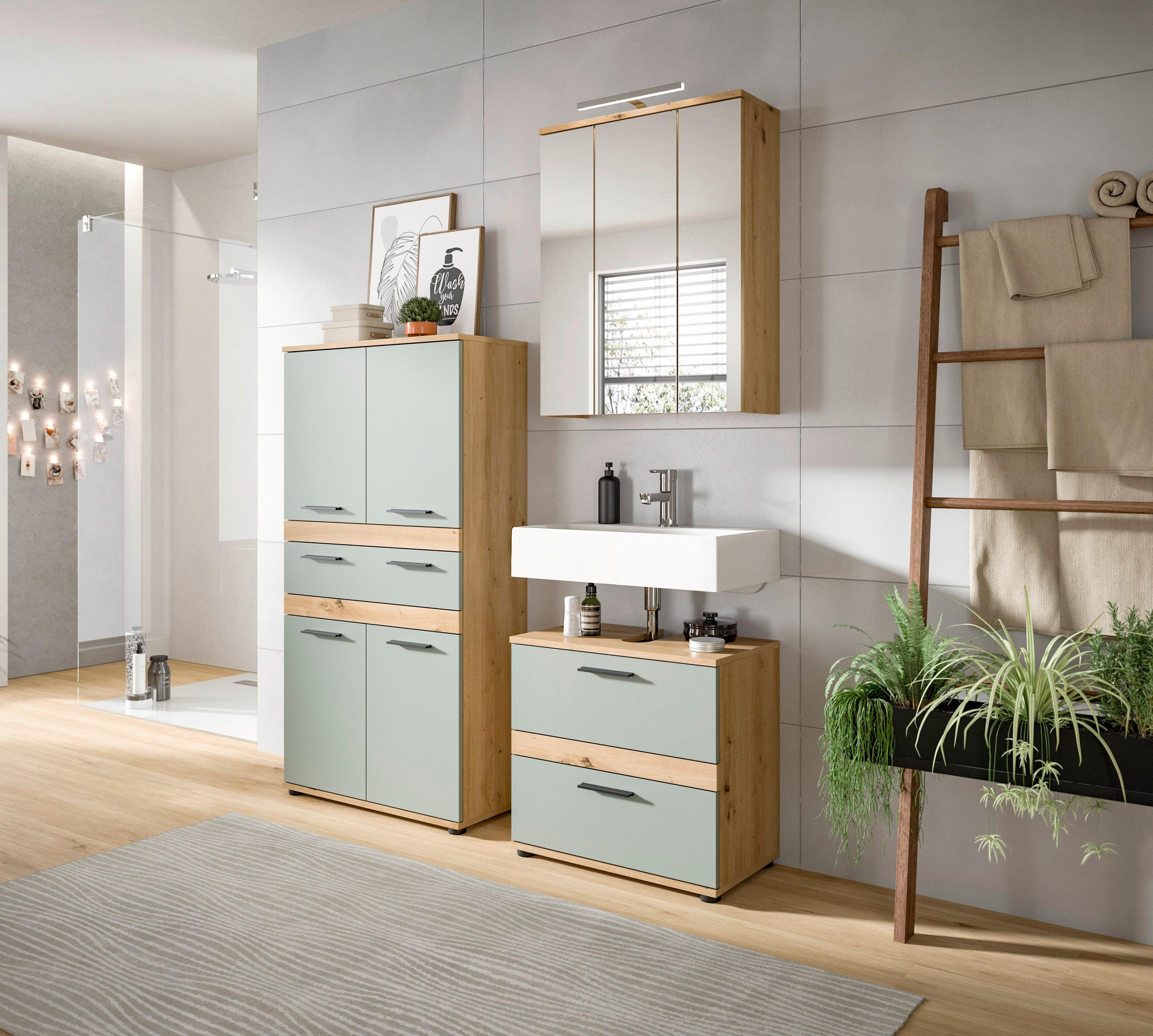 Mid.you Badezimmer Blake Salbeigrün, Eiche Artisan 145 cm