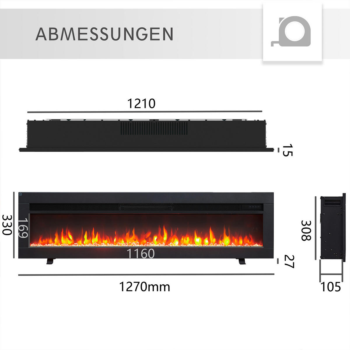 ELEKTROKAMIN - Schwarz, Basics, Metall (127/33/12cm)