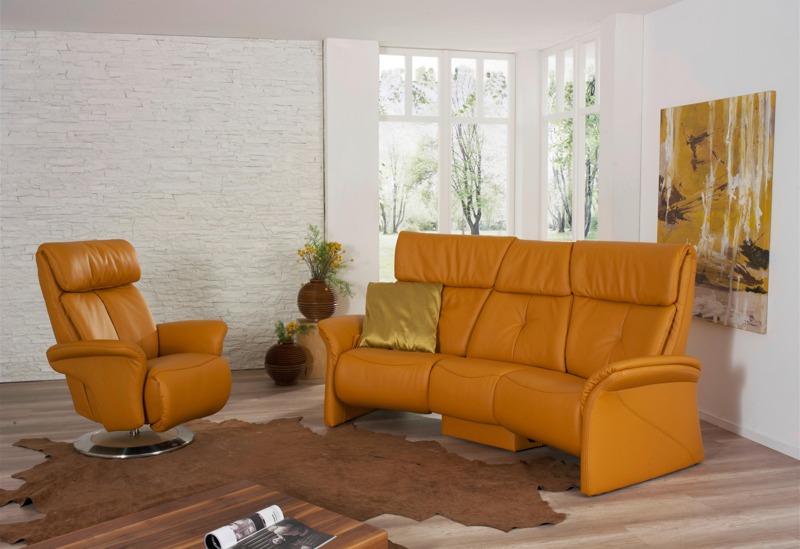 TRAPEZSOFA Echtleder Gelb  - Gelb, KONVENTIONELL, Leder (208/107/103cm) - Himolla Komfortklass