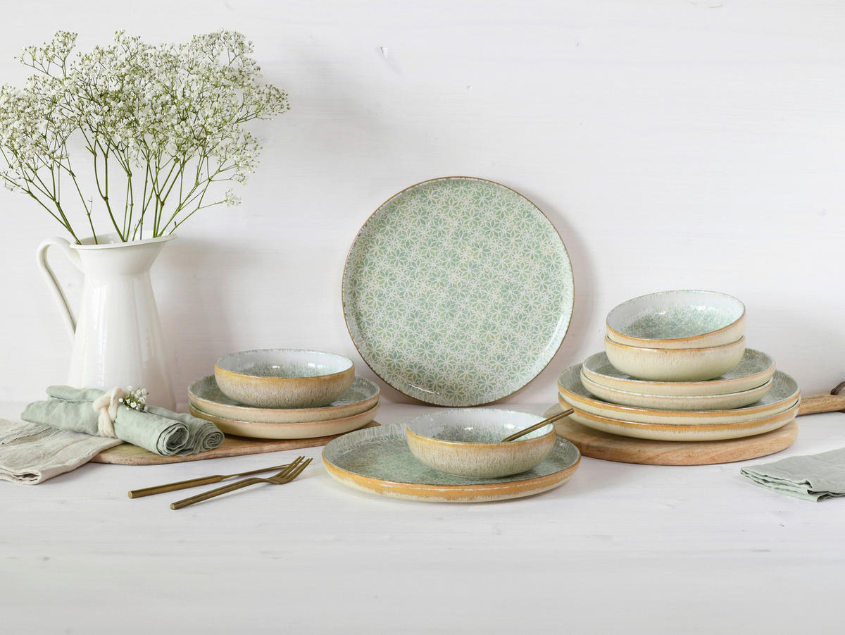 JEDÁLENSKÝ SERVIS, kamenina - krémová/zelená, Basics, keramika - Creatable