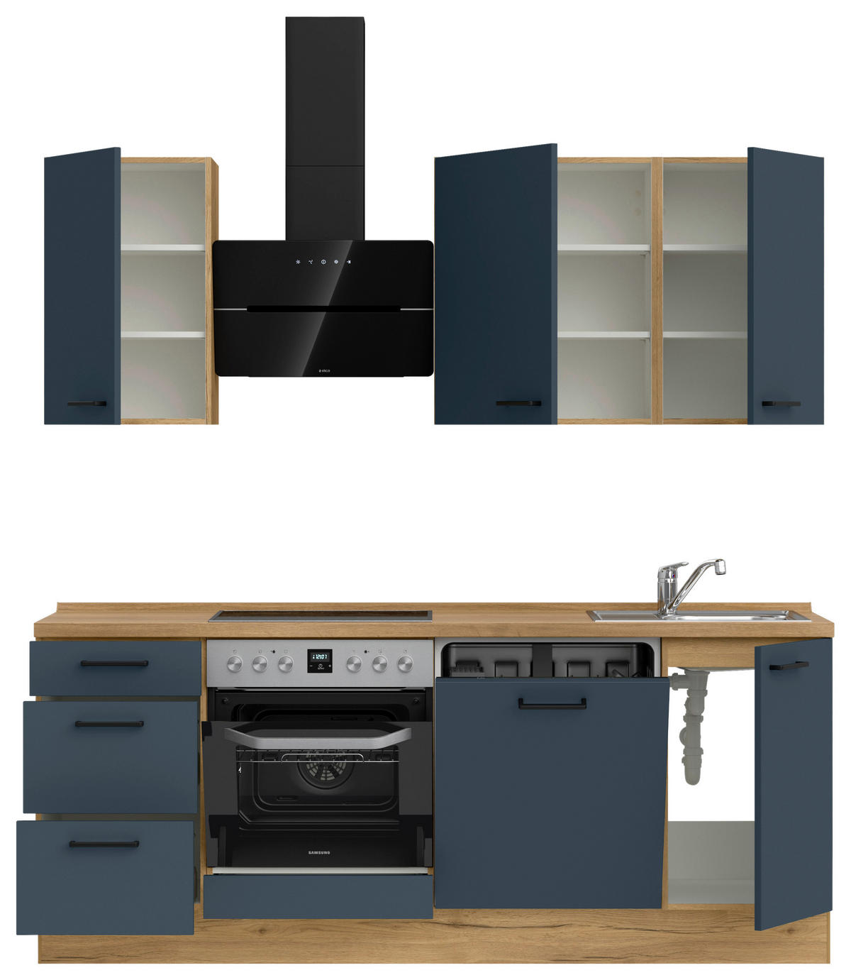 KÜCHENBLOCK Easytouch 210 cm  in Eichefarben, Dunkelblau  - Eichefarben/Schwarz, MODERN, Holzwerkstoff/Metall (210cm) - Nobilia