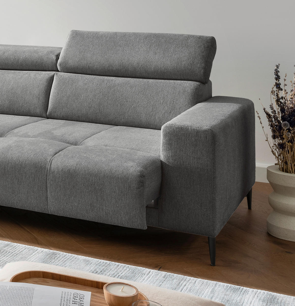 ECKSOFA INTERA Dunkelgrau Struktur Kopfteilverstellung, Sitzvorzug  - Dunkelgrau/Schwarz, KONVENTIONELL, Textil/Metall (225/305cm) - Livetastic