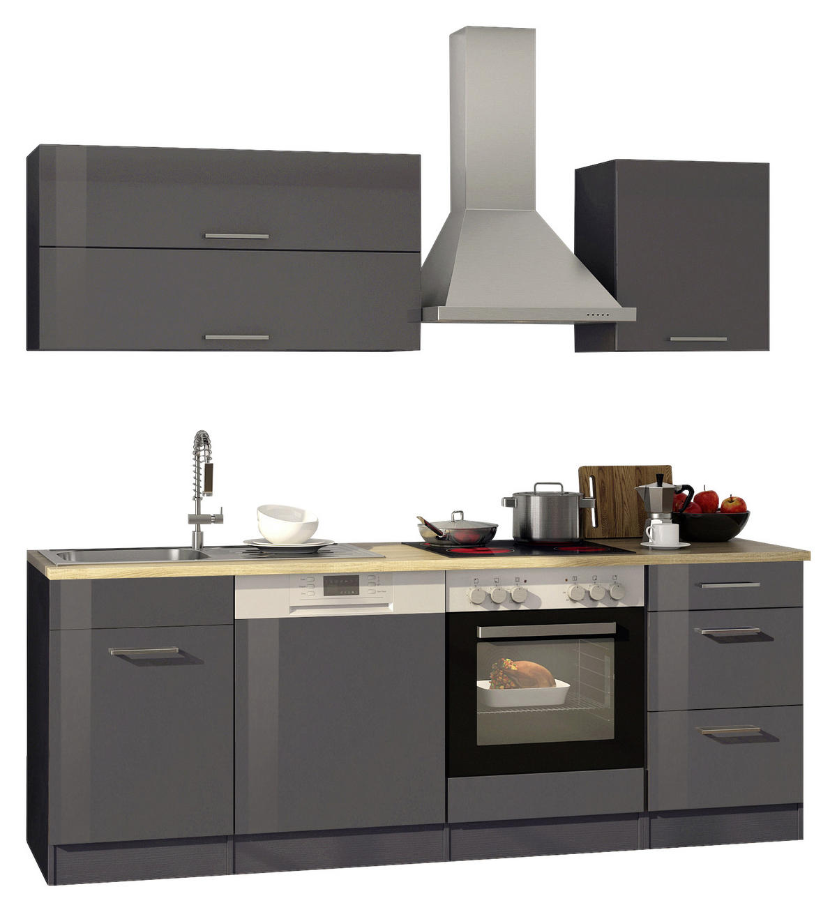 KÜCHENBLOCK 220 cm   in Anthrazit, Eichefarben, Anthrazit Hochglanz  - Chromfarben/Eichefarben, MODERN, Holzwerkstoff/Metall (220cm) - Held
