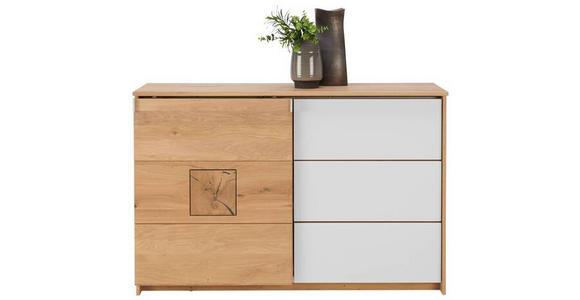 SIDEBOARD Eiche massiv Weiß, Eichefarben Einlegeböden  - Eichefarben/Alufarben, Natur, Glas/Holz (137/90/40cm) - Linea Natura