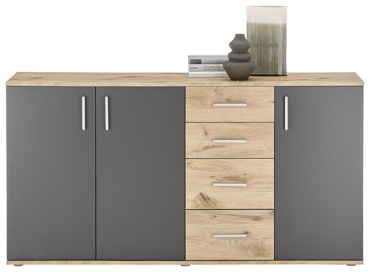 Sideboard Basel 160/84/35 cm  in Grau, Eichefarben  - Eichefarben/Silberfarben, Design, Holzwerkstoff/Kunststoff (160/84/35cm) - MID.YOU