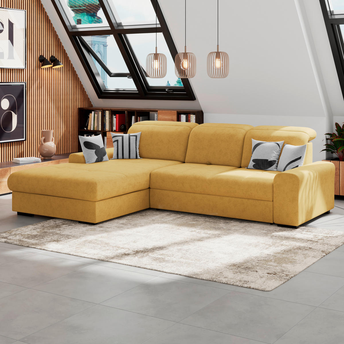 ECKSOFA Gelb Chenille Rücken echt, Kopfteilverstellung  - Gelb/Schwarz, KONVENTIONELL, Holz/Textil (203/286cm) - MID.YOU